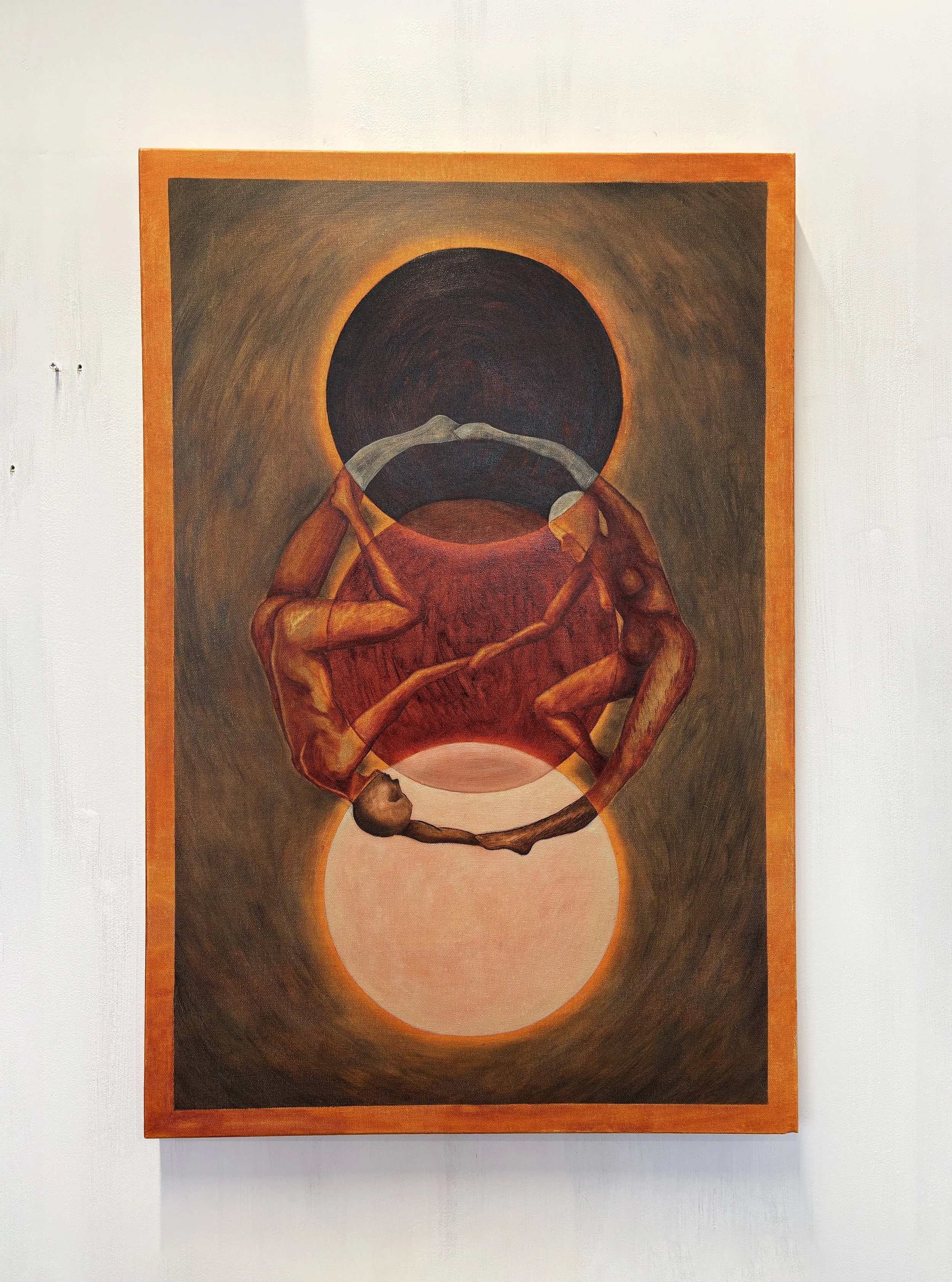 Abstract painting featuring a humanoid figure holding a staff, with a large black circle at the top and a smaller beige circle at the bottom, against a textured brown background.