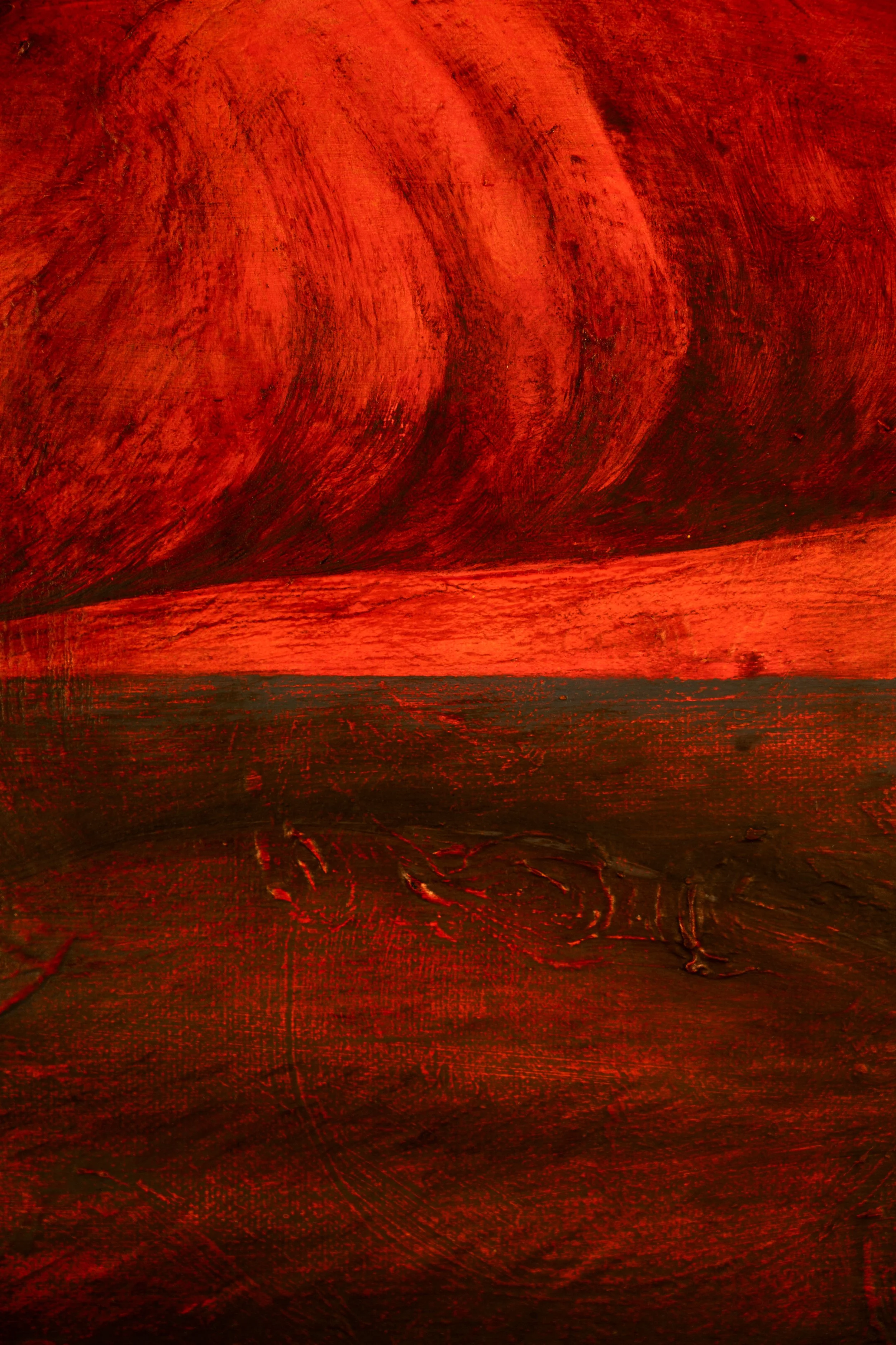 Close-up of an abstract wooden surface painted in dark red and black hues, with textured and swirling patterns.