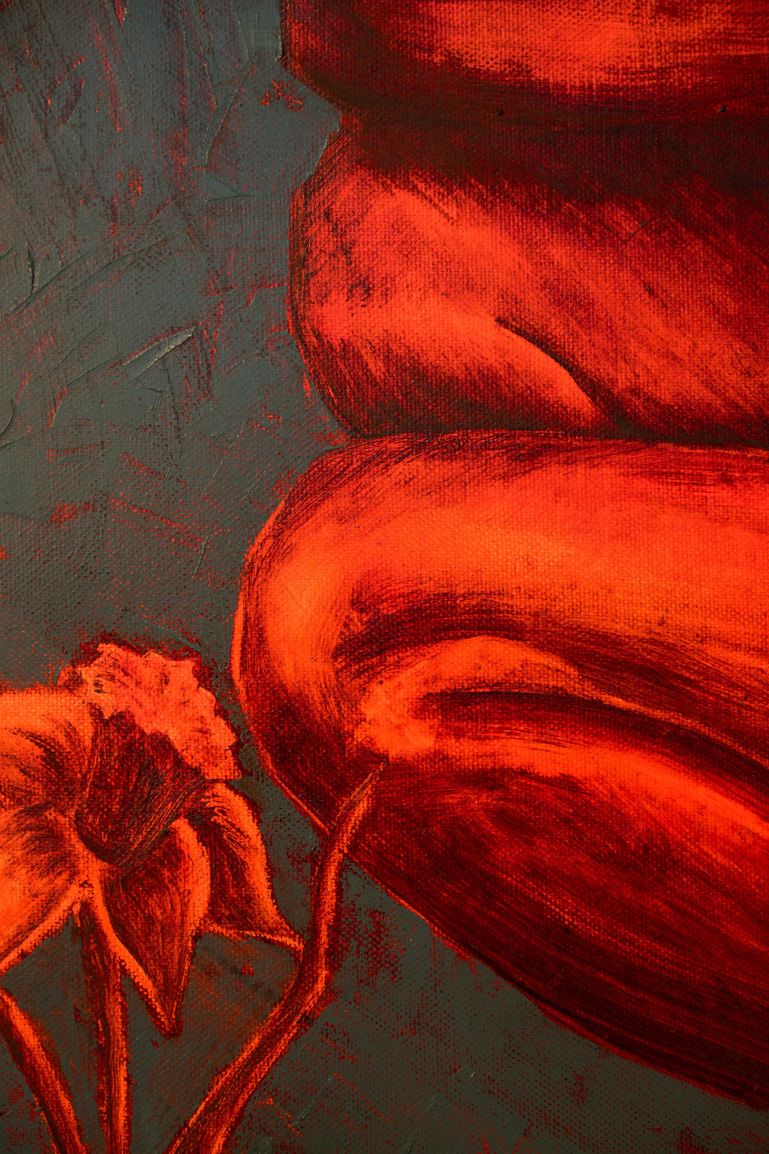 Close-up of red flower petals and leaves, painted with textured brushstrokes on a textured background.