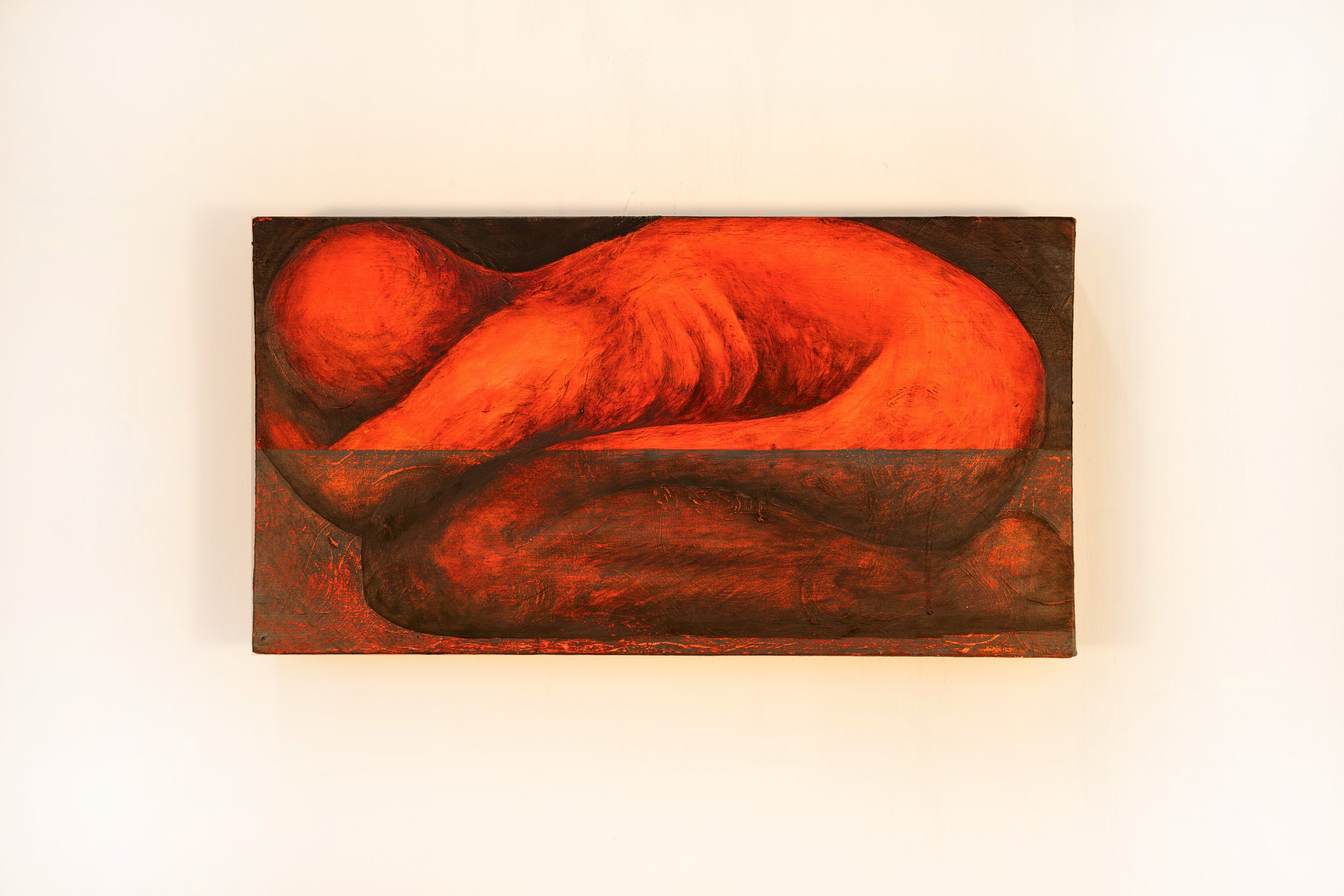 Abstract painting of a reclining nude figure in shades of red, orange, and black.