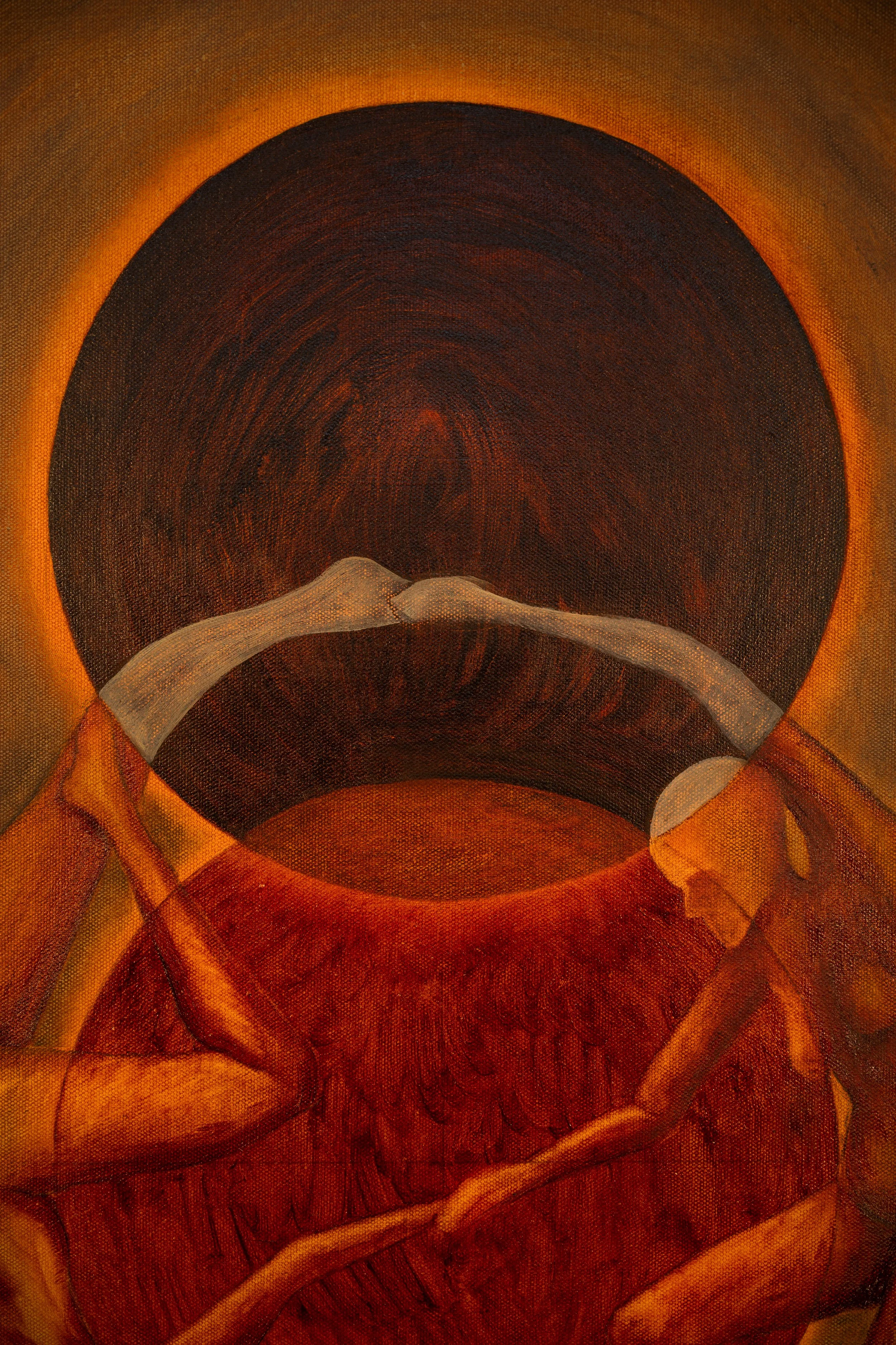 An abstract painting featuring a large dark circle with a glowing orange outline in the background. In the foreground, there is a figure with outstretched arms, depicted with earthy tones, holding a long stick or branch, and the figure's face is obsc