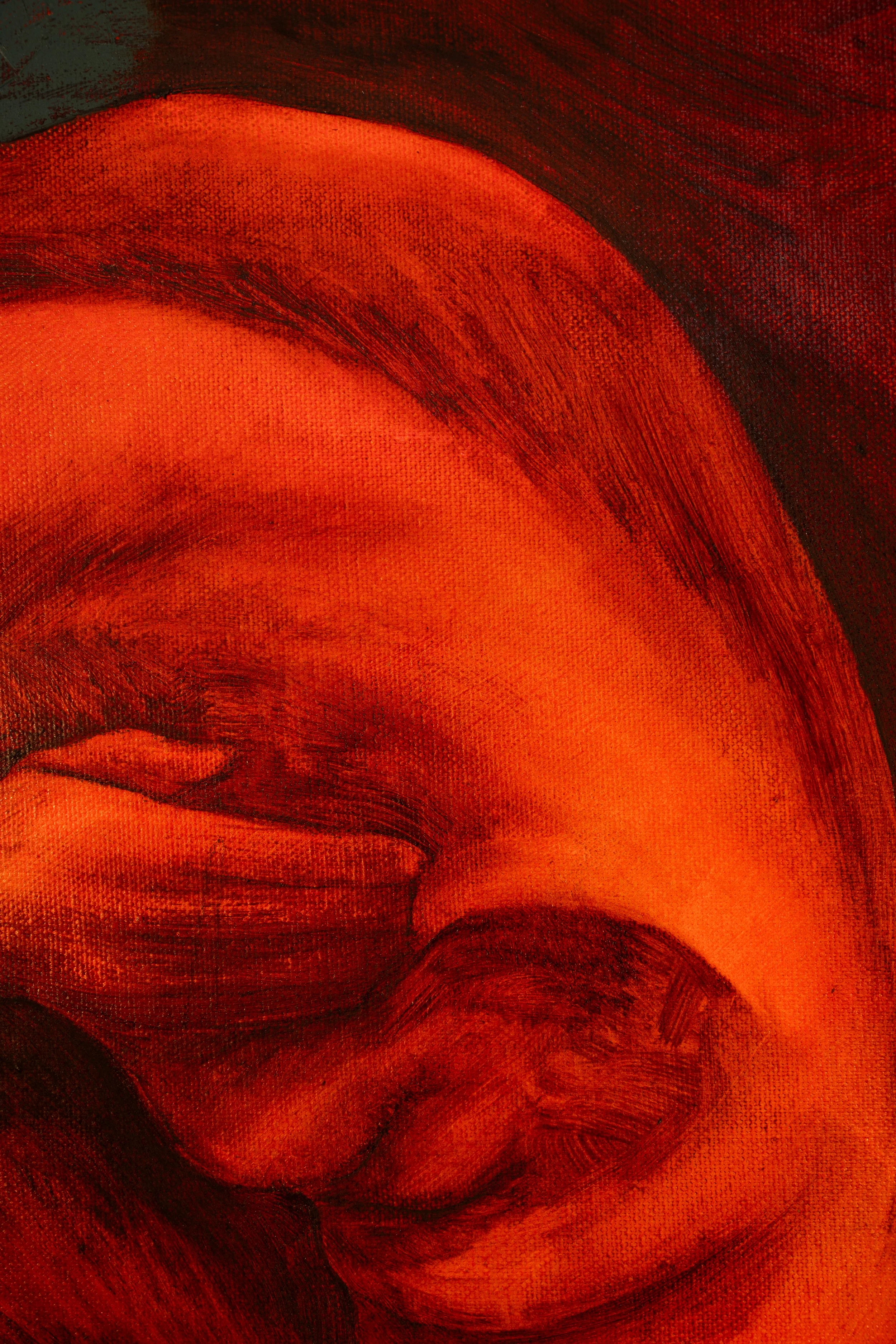 A close-up of a surreal painting of a woman with her eyes closed, holding her head with one hand, rendered in warm orange and red tones.