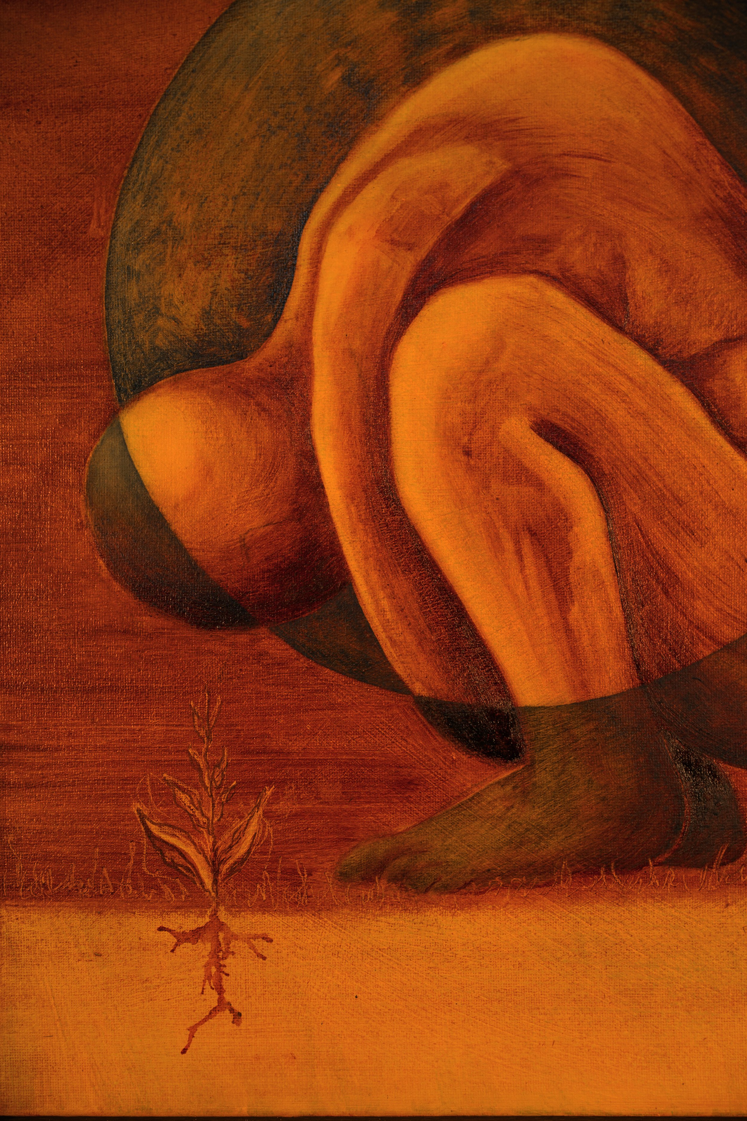 A surreal painting of a large bird with a human face in warm, earthy tones, standing on one leg on the ground, with a small plant in front of it.