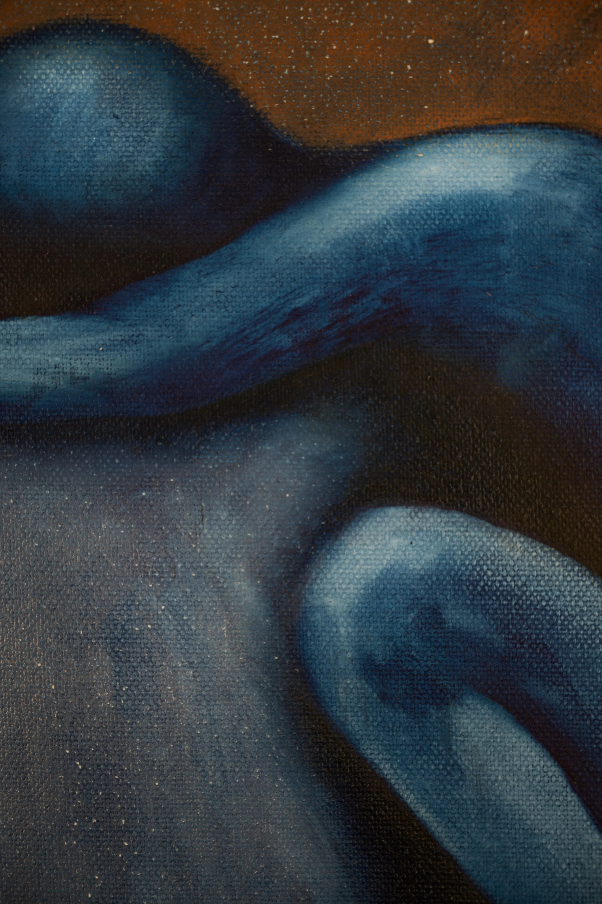 Close-up of a painted abstract artwork featuring intertwined blue shapes against a brown background.
