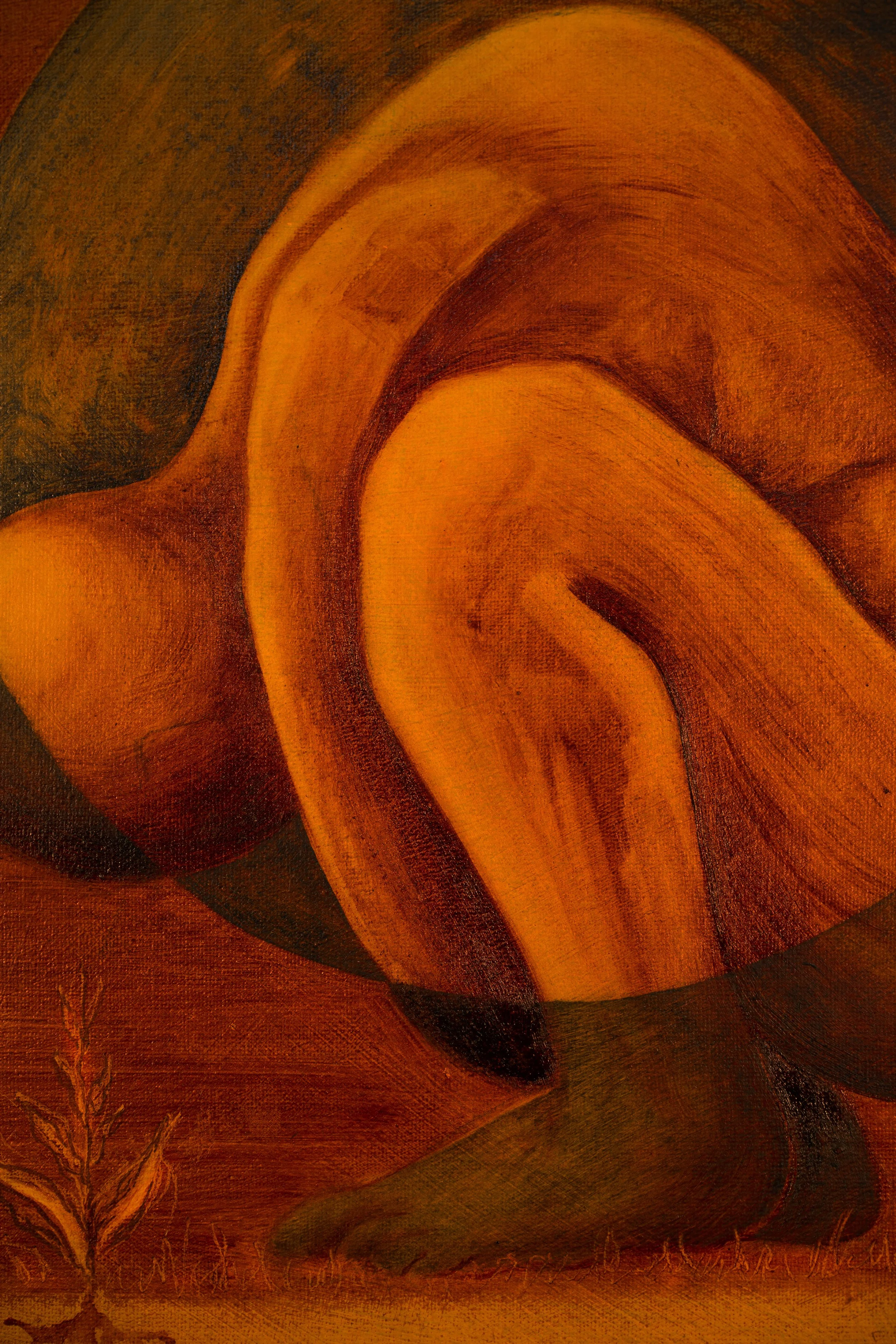 An abstract painting featuring swirling warm tones of orange, yellow, and brown with grass and plant elements at the bottom.