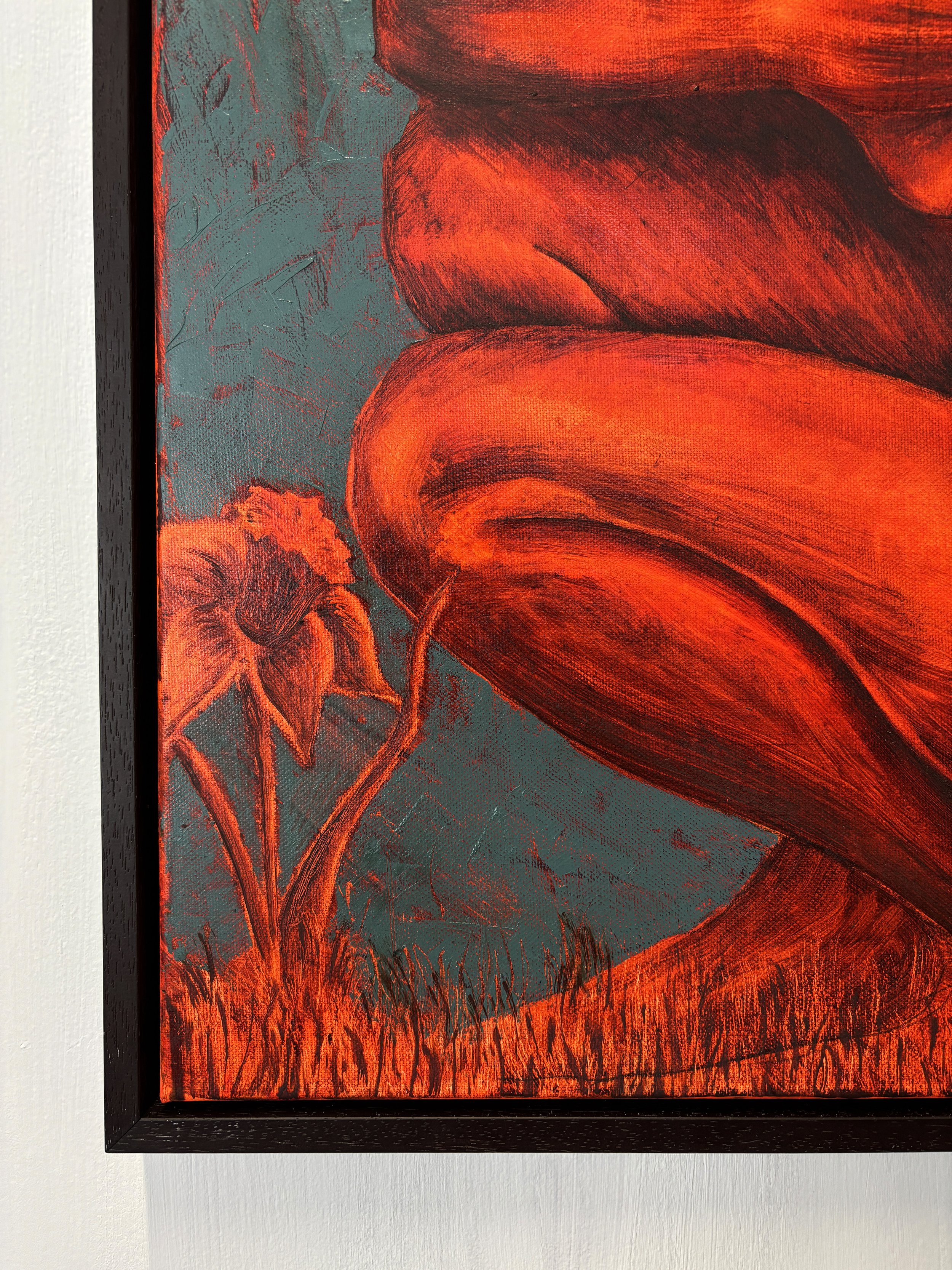 Close-up of a painting featuring two large, red, abstract tulips and smaller red flowers against a textured, teal background.