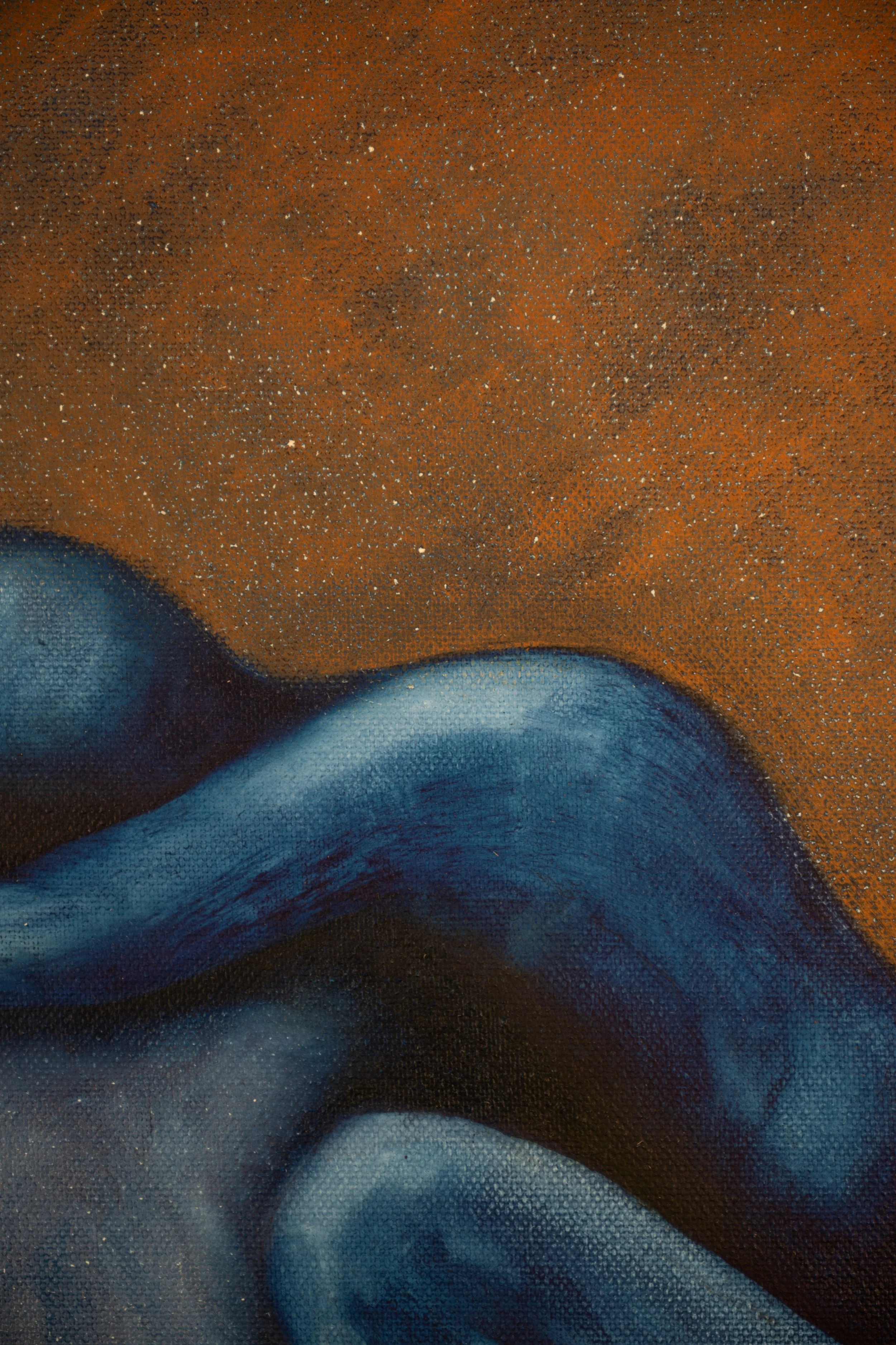 Close-up of a textured painting featuring human figures with a brown background and blue-toned bodies.