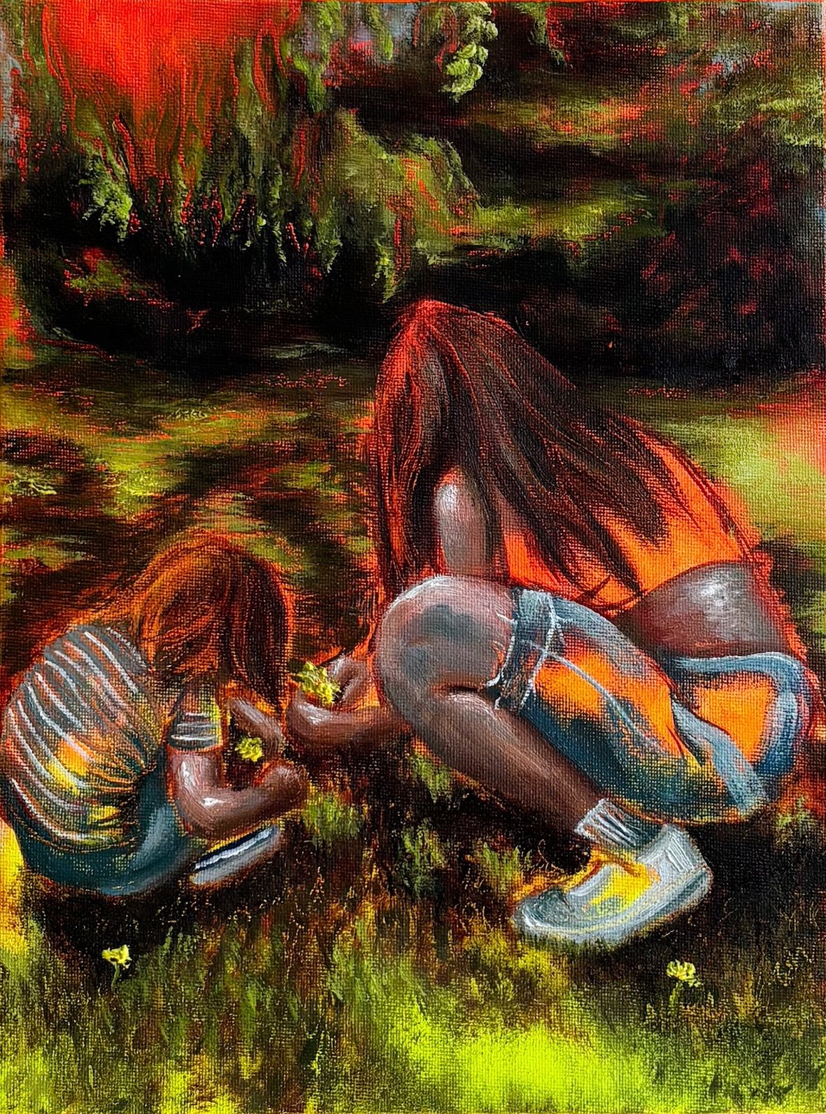 Picking Daisies,  oil and acrylic on canvas, 24cm x 30cm