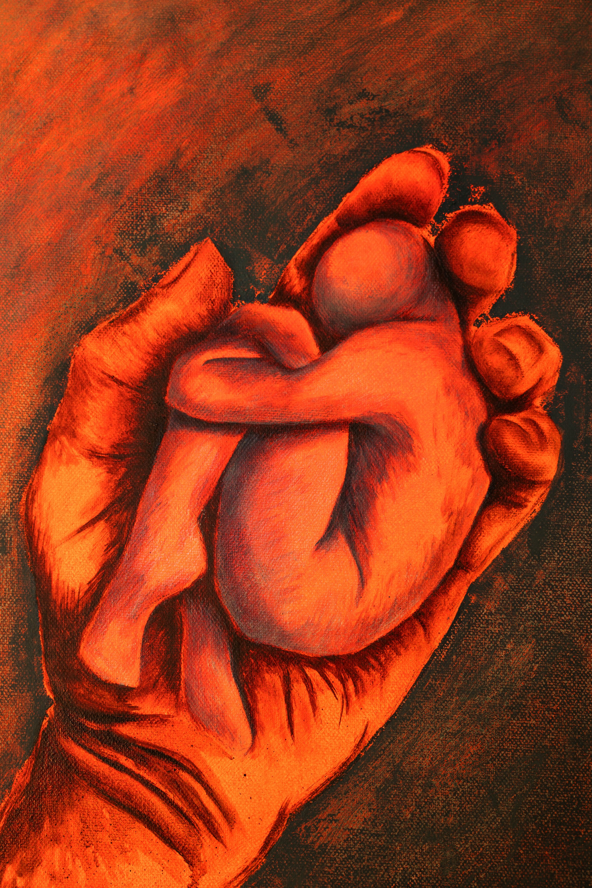 A detailed artistic painting of a hand clutching a human heart.