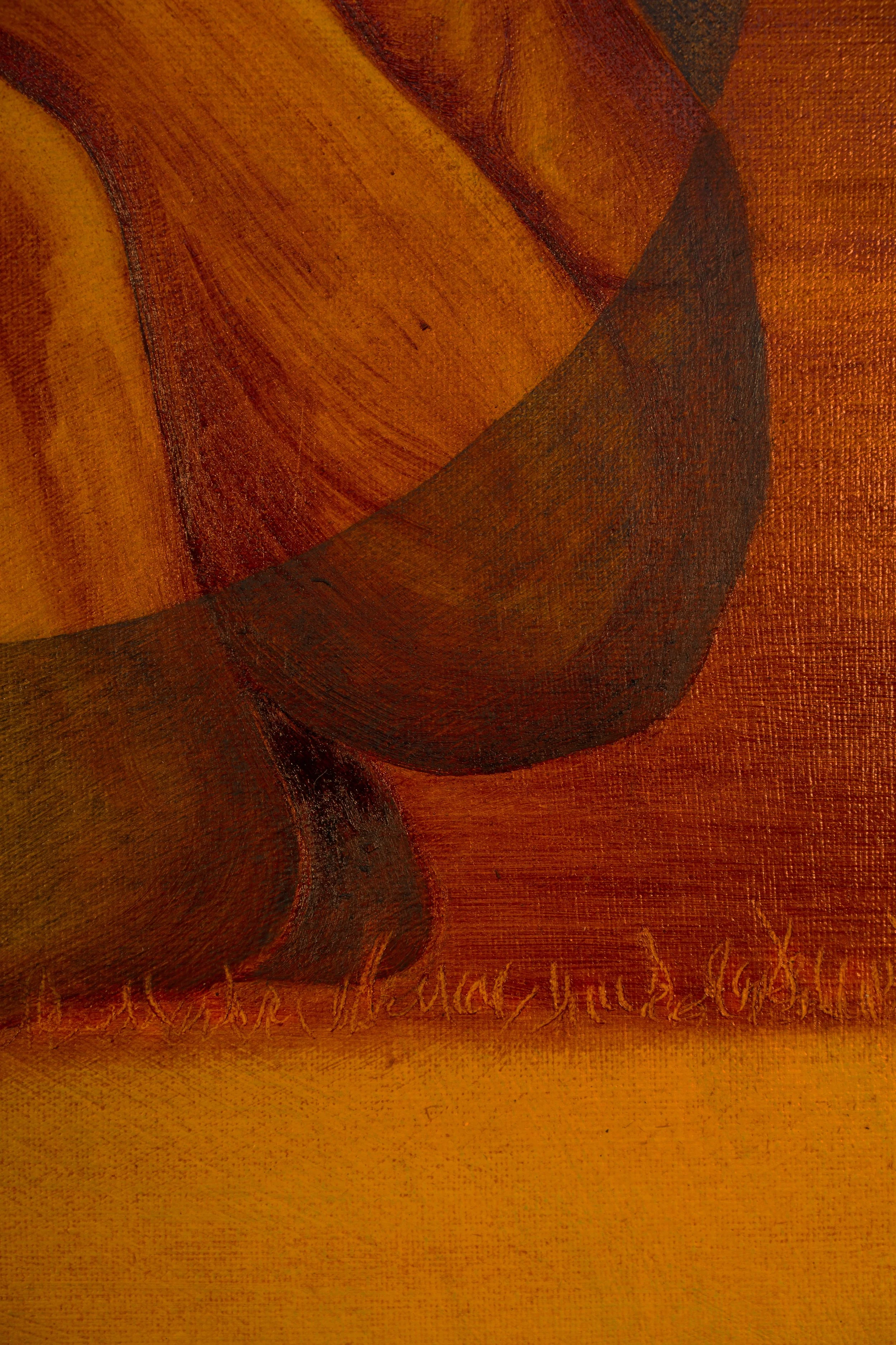 Close-up view of a textured, abstract painting featuring warm earthy tones and curved shapes.