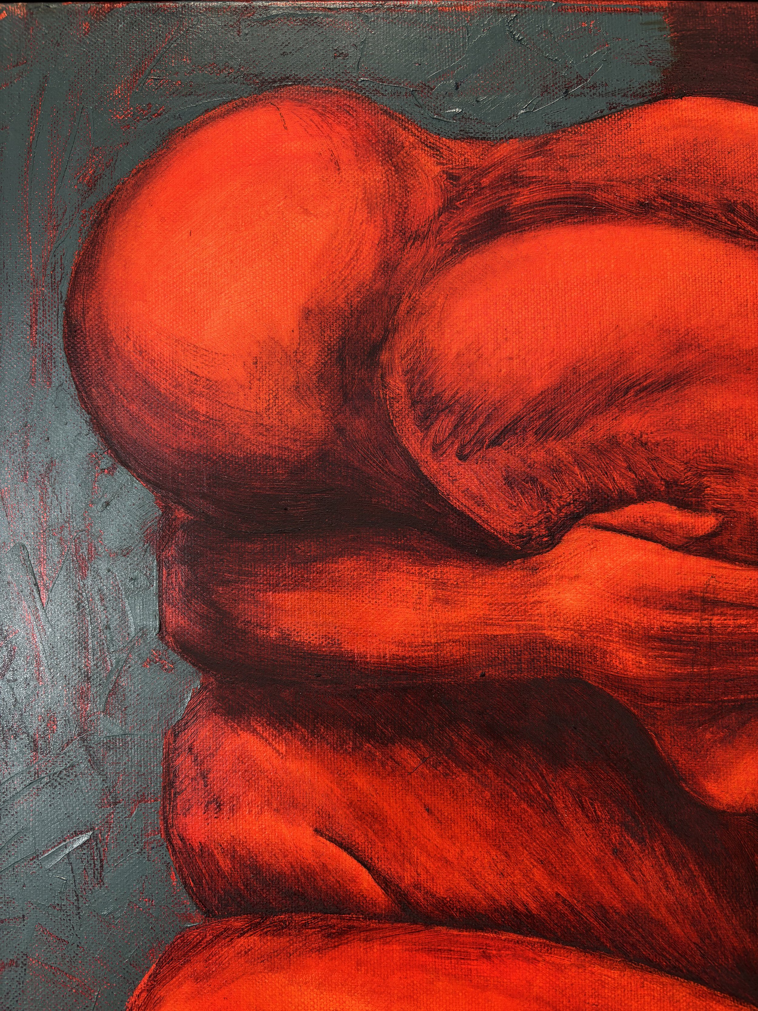 Close-up of a painting depicting a human figure with a focus on the back and buttocks, rendered in red and black tones with a textured background.
