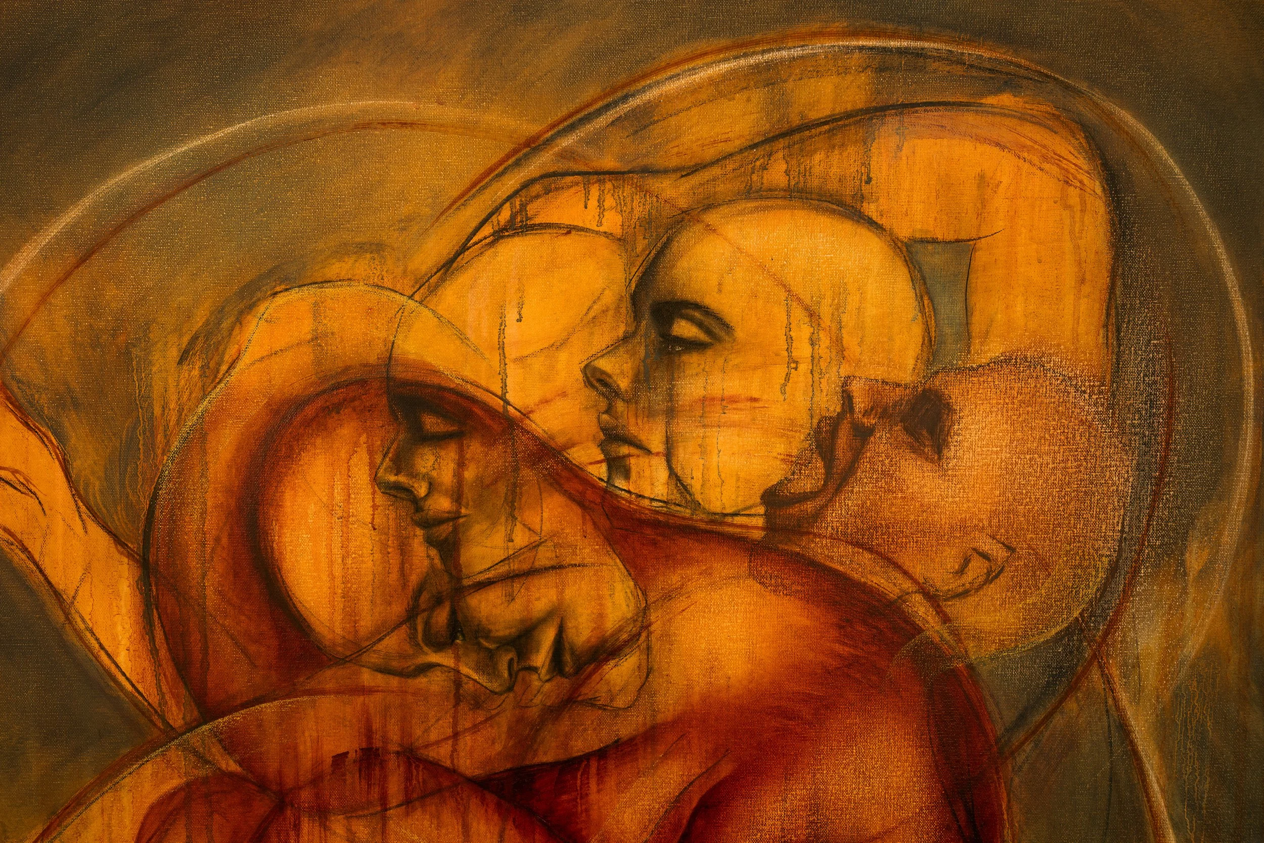 Abstract art depicting multiple overlapping faces with closed eyes in warm orange, brown, and yellow tones.