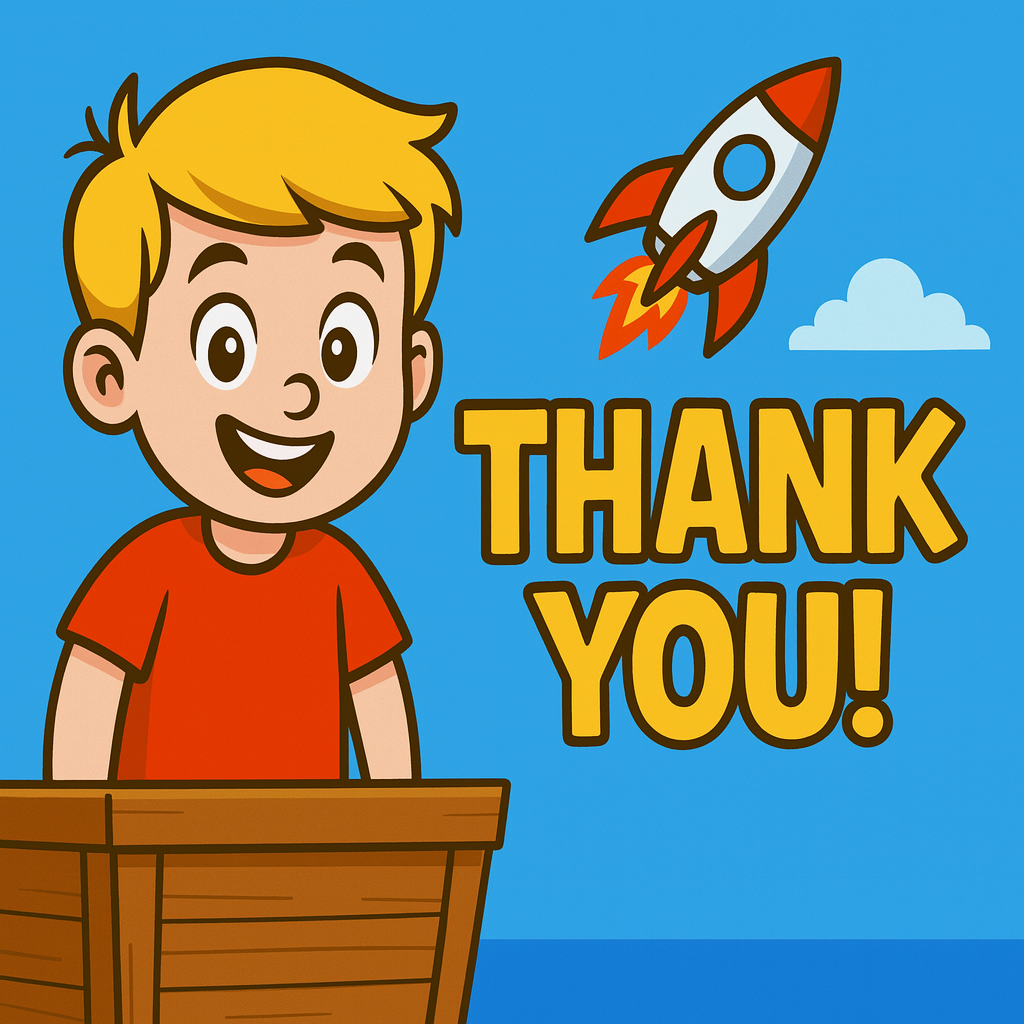 Cartoon boy with blonde hair smiling in front of a wooden box, with a rocket and cloud in the sky, and the words "Thank You!" in large yellow letters.