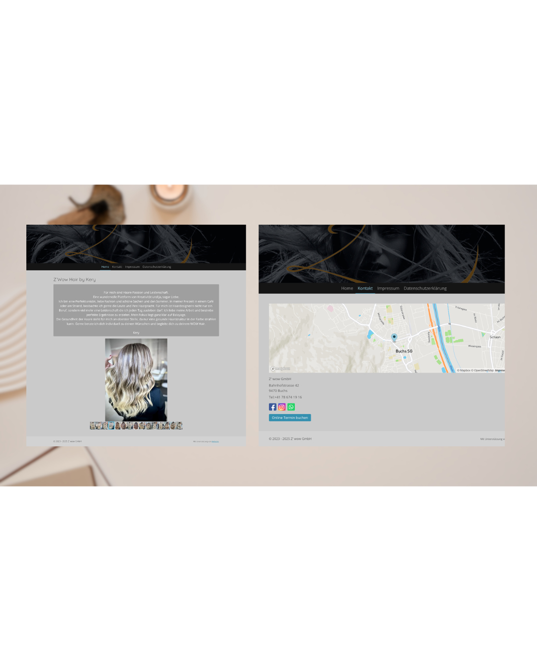 Screenshot einer Webseite für Friseurdienstleistungen, mit einem Menü, Kontaktinformationen, einer Karte und einem Bild einer Friseurin mit gewellten, blond-roséfarbenen Haaren.