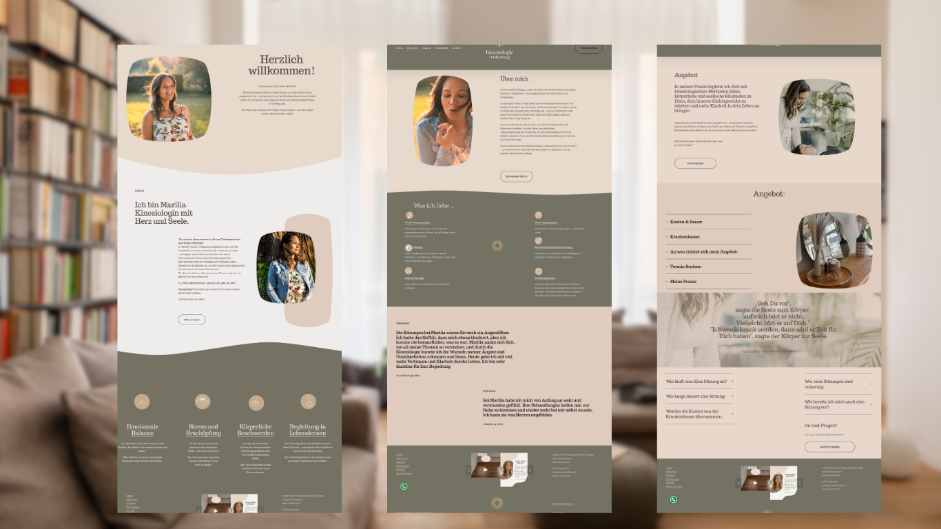 Drei Webseiten-Designs für eine Praxis-Website, die Persönliches und Dienstleistungen präsentiert, mit Bildern von Frauen, Textabschnitten und Angeboten.