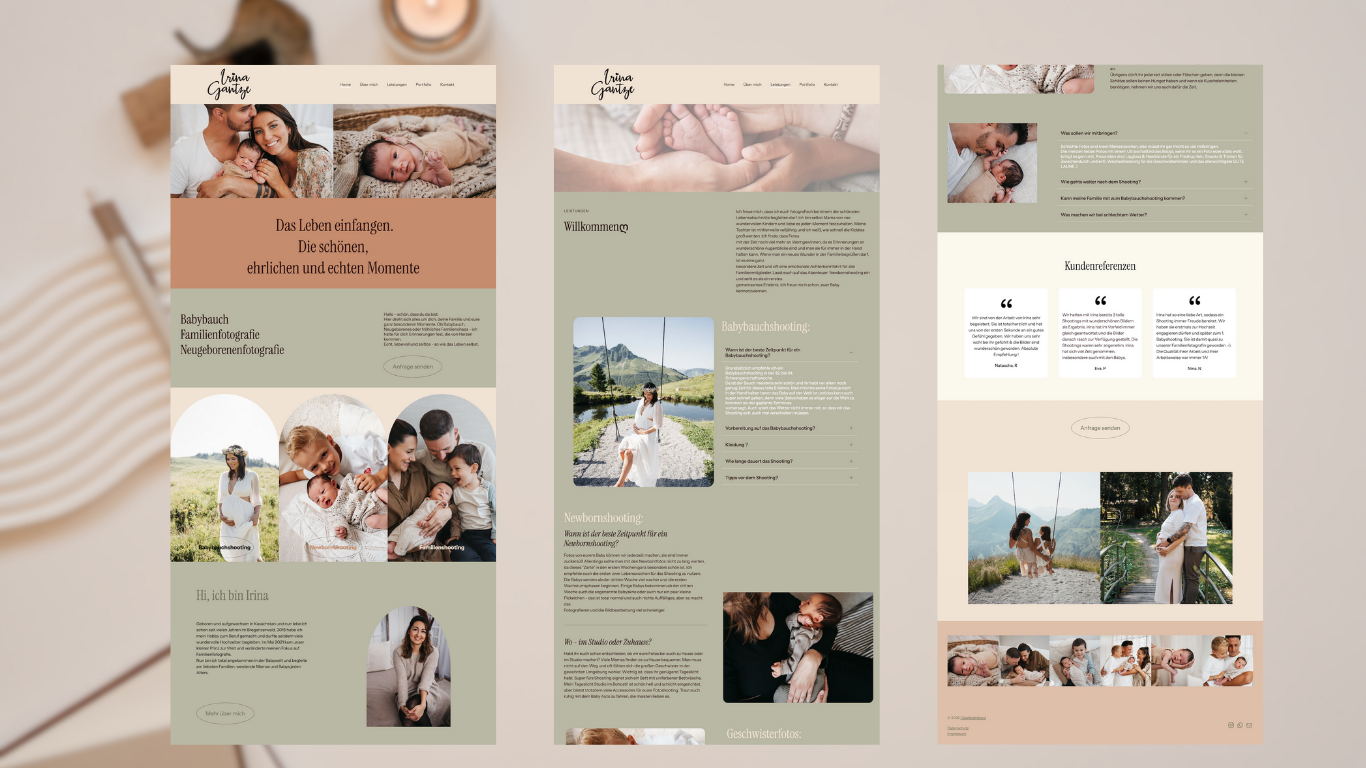 Drei Webseiten im Entwurf für eine Fotografin, die Familien- und Neugeborenenshootings anbietet, mit Fotos von Babys, Familien und Paaren in natürlicher Umgebung, und Texten in deutscher Sprache.