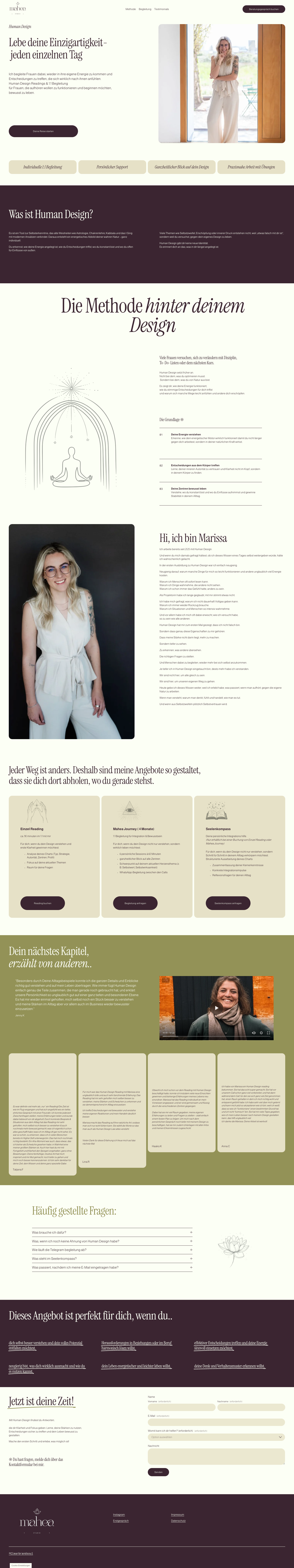 Webseite mit Fotos einer Frau, Texten über Design und Methode, persönliche Vorstellung und Fragen, Kontaktformular, Natur- und Inspirationsbilder.