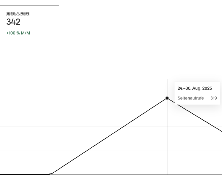 Schwarz-weiße Grafik mit Linienchart und Datenpunkten, zeigt die Anzahl der Seitenaufrufe im Zeitraum vom 24. bis 30. August 2025, mit einem Peak bei 319 Seitenaufrufen.