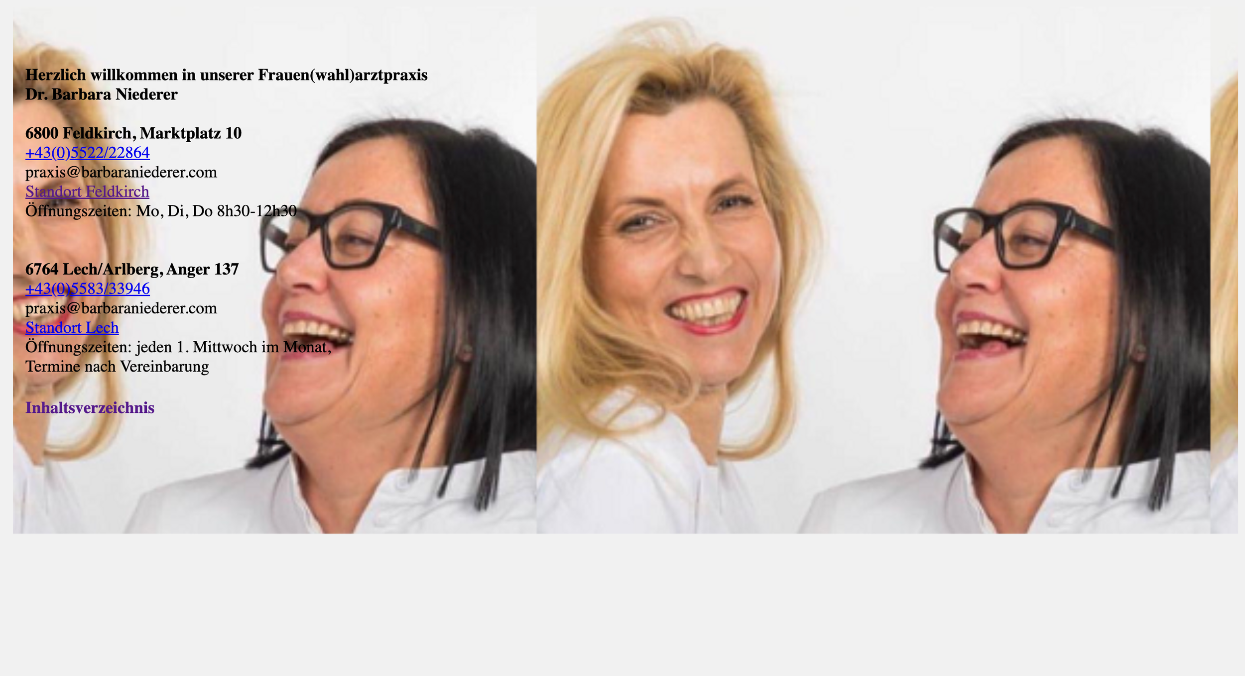 Informationsstelle für eine Frauenarztpraxis mit Kontaktinformationen, Adresse, Telefonnummer, E-Mail, Standort, Öffnungszeiten und Inhaltsverzeichnis, abgebildet auf einer Website mit einem Bild von drei lachenden Frauen, eine trägt eine Brille und trägt ein Headset.