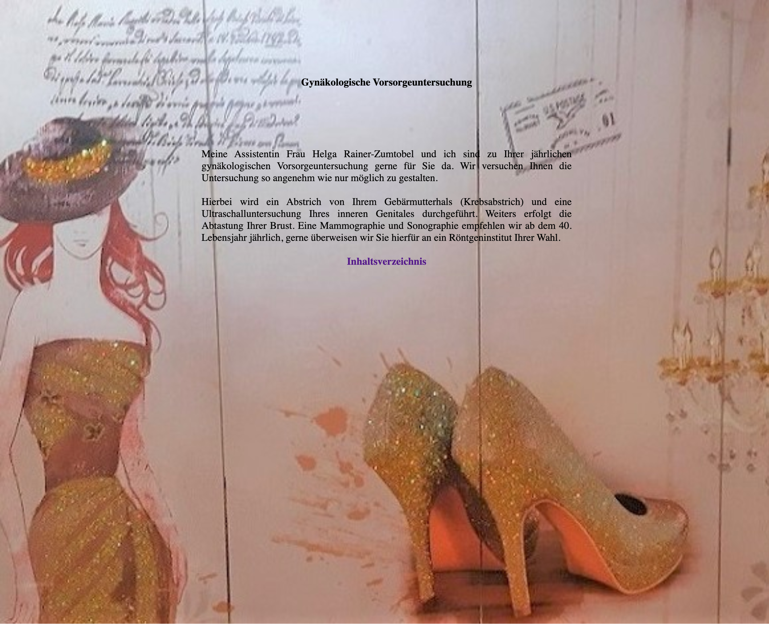 ein Dokument mit dem Titel 'Gynäkologische Vorsorgeuntersuchung' sowie einem handschriftlichen Text, einem Stempel und einer Illustration einer Frau mit roten Haaren, die einen Hüte trägt.