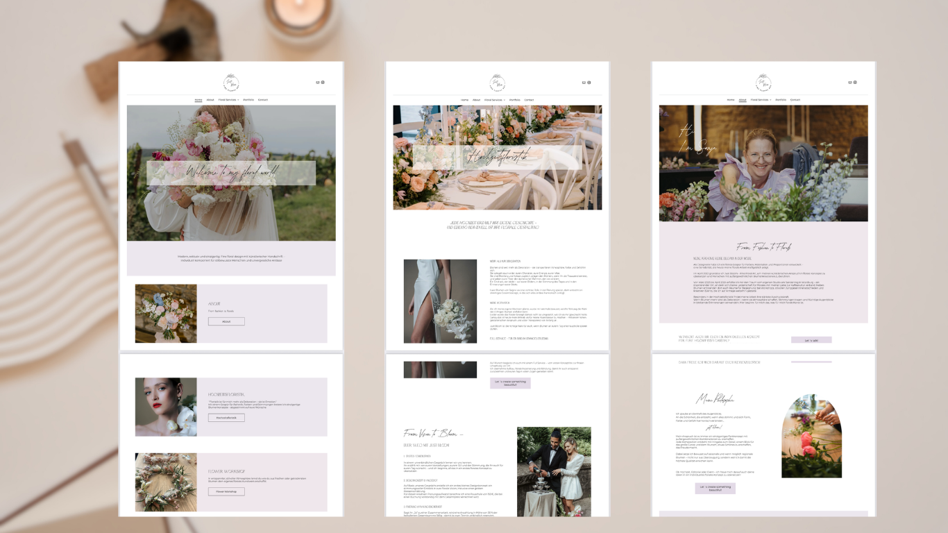 Drei Webseiten mit Floristik- und Hochzeitsdekorationen auf einem Tisch