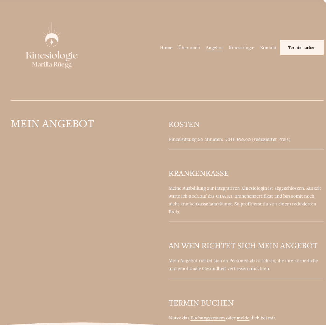 Webseite für Kinesiologie mit Menü, Logo, Kontaktbutton und Text über Angebot, Kosten, Krankenkasse, Zielgruppe und Terminbuchung