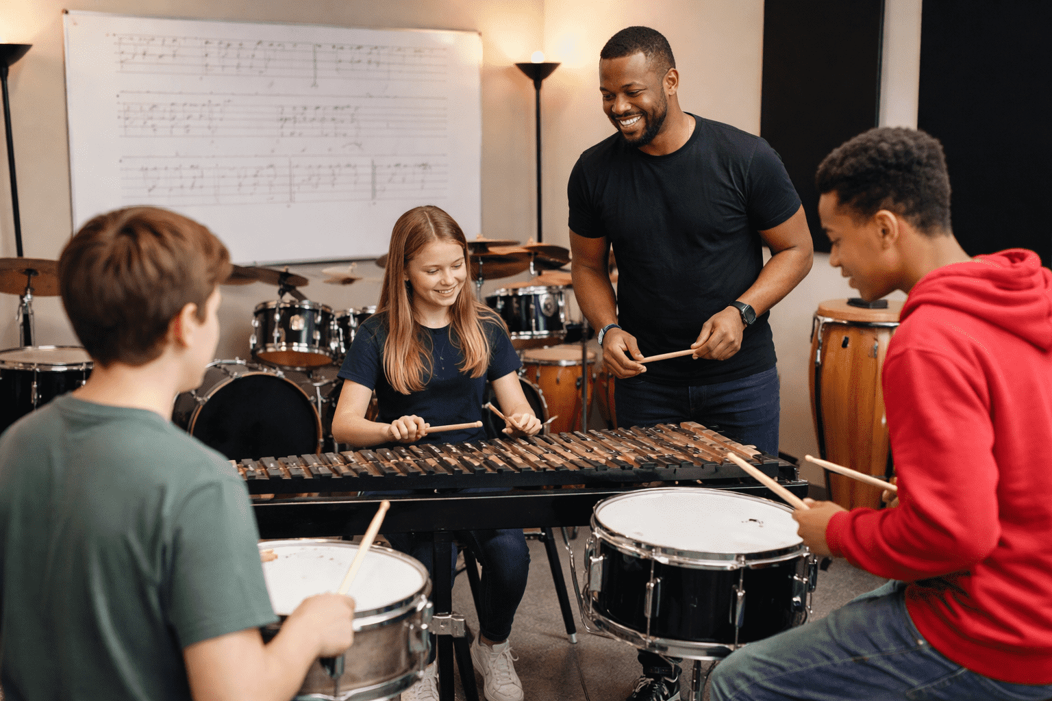 Music teacher instructs children playing percussion instruments in a music classroom.