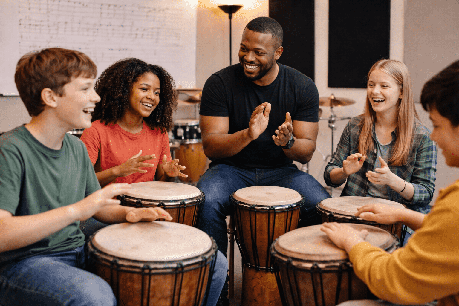 A diverse group of children and an adult sitting in a circle, playing drums and smiling in a music classroom.