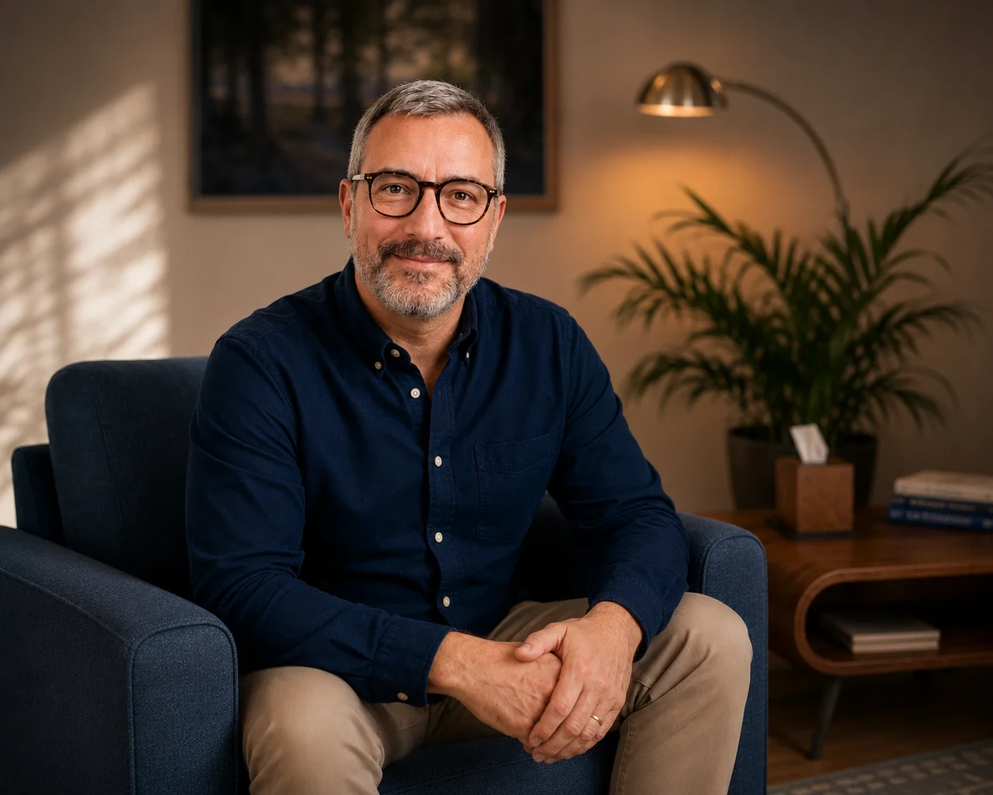 A middle-aged man with gray hair and glasses sitting on a dark blue armchair in a warmly lit room. He is wearing a navy button-up shirt and khaki pants, smiling. There is a large houseplant, a wooden side table, and a framed picture on the wall in the background.