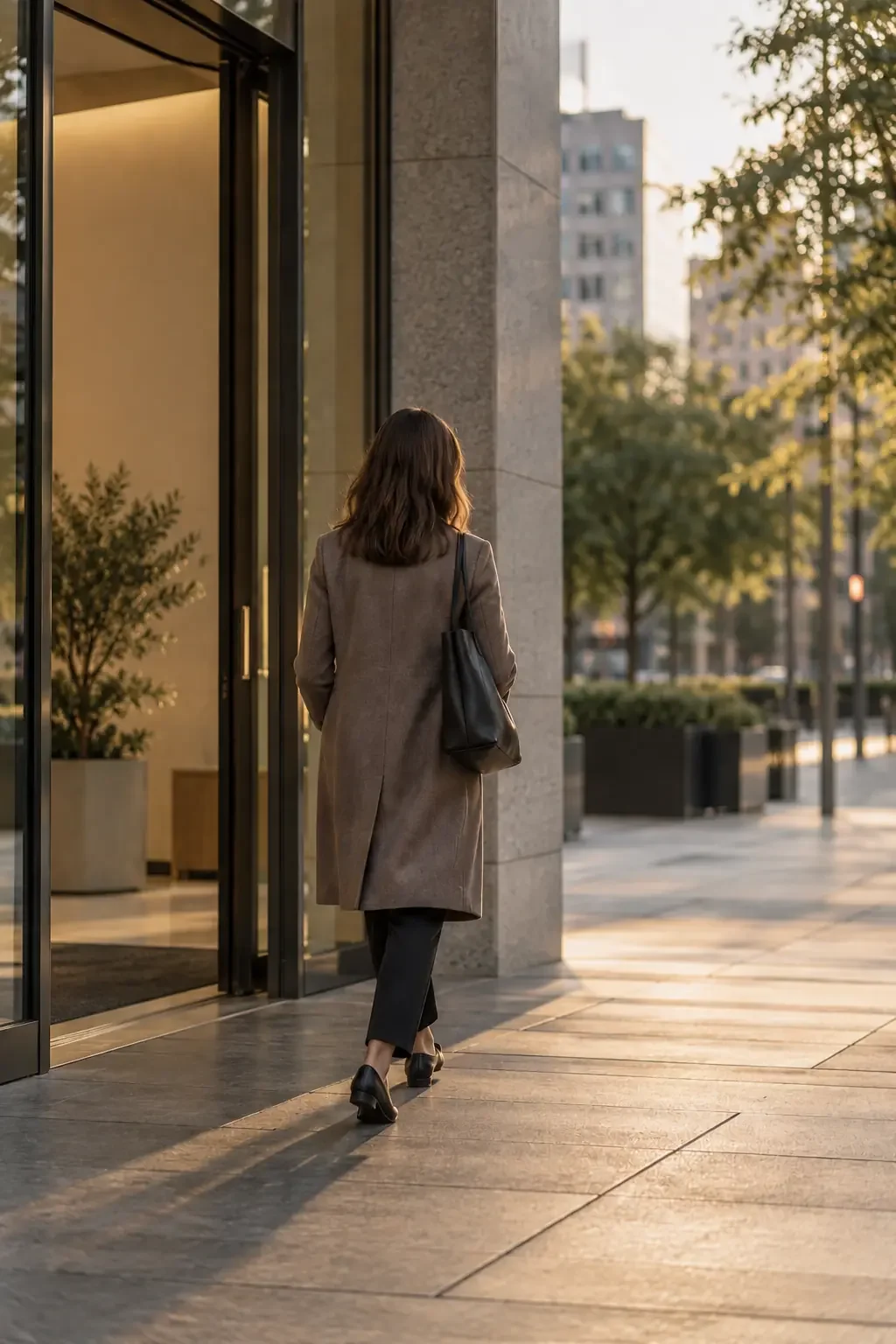 A woman in a brown coat and black trousers walks past an office building at sunset, carrying a black handbag.