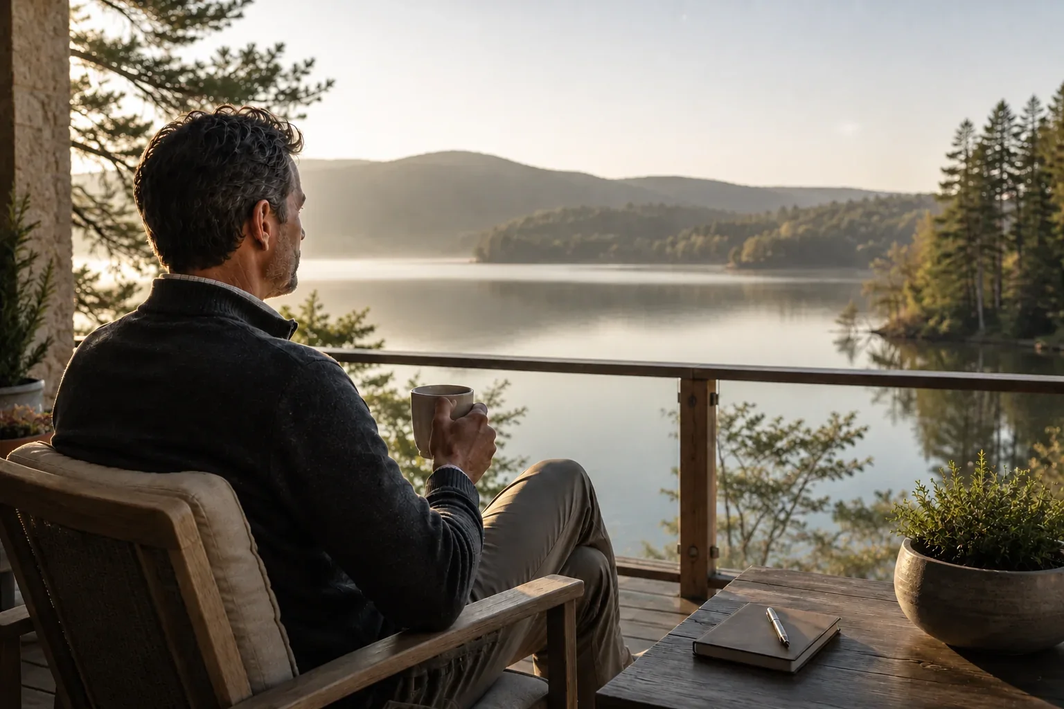 A man sitting on a wooden chair on a balcony, holding a mug, overlooking a calm lake with trees and hills in the background during sunset.