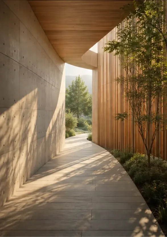 Sunlit walkway through contemporary architecture and greenery