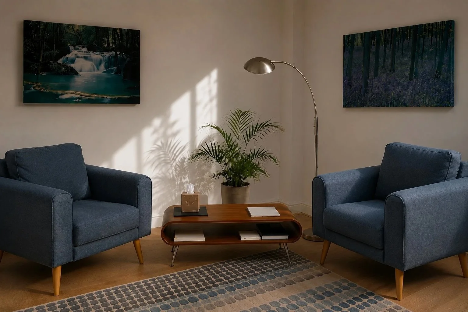Living room with two blue armchairs, wooden coffee table, potted plant, standing lamp, framed landscape artworks, patterned rug, and sunlight through window.
