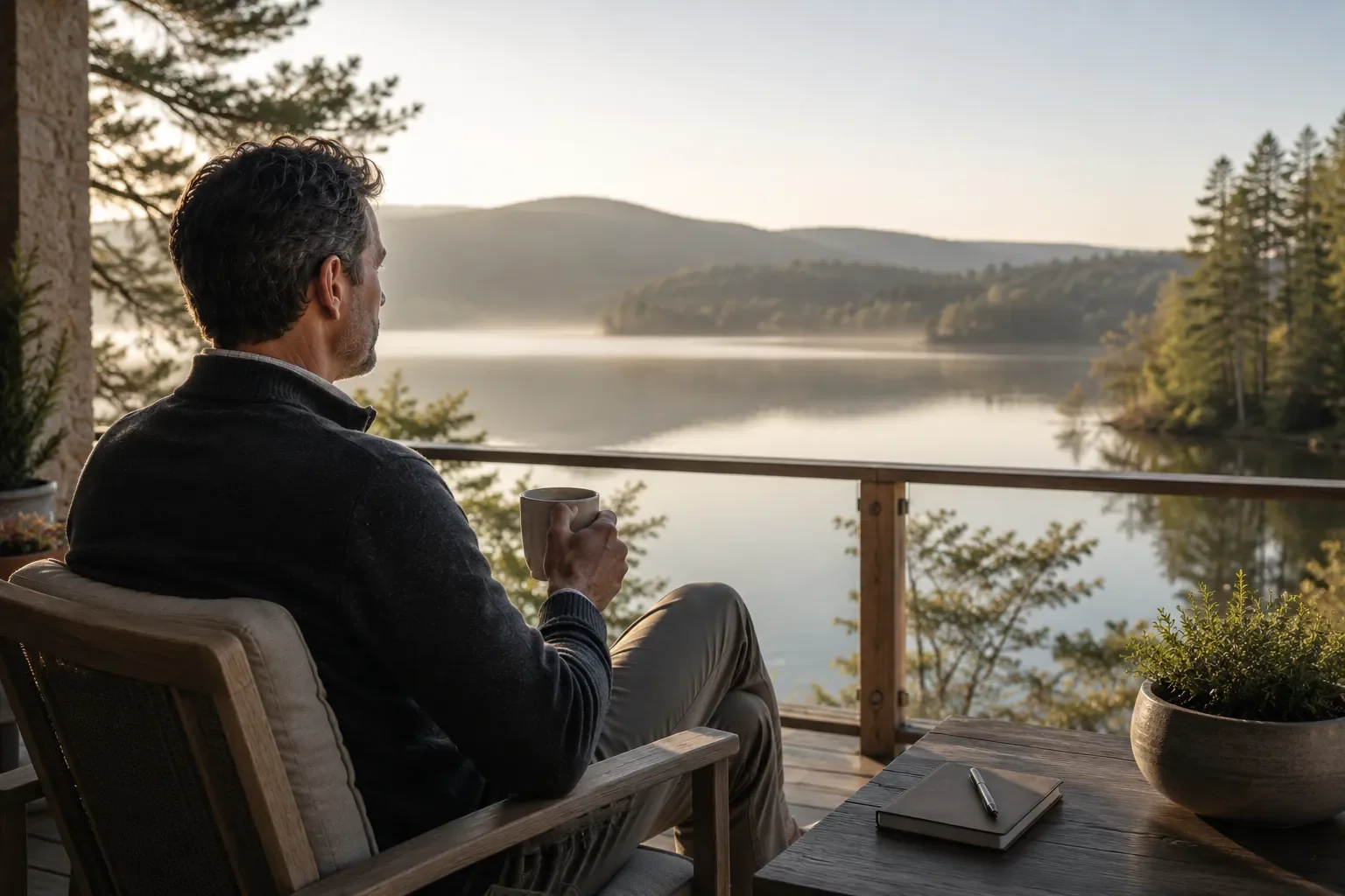A man sitting on a porch with a mug in hand, overlooking a peaceful lake surrounded by trees and hills during sunrise or sunset.