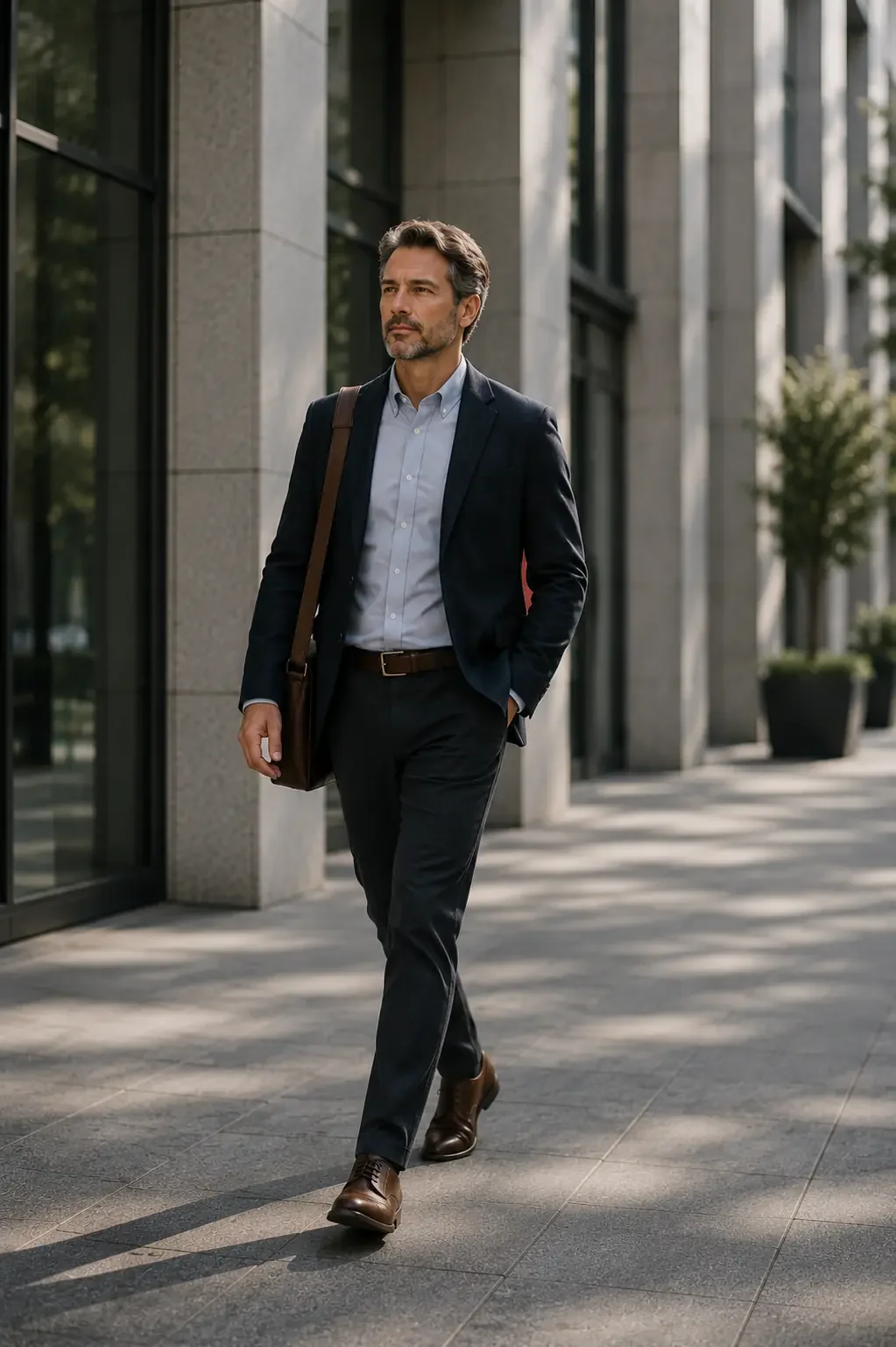 A middle-aged man in business attire walking outside a modern office building, carrying a shoulder bag.