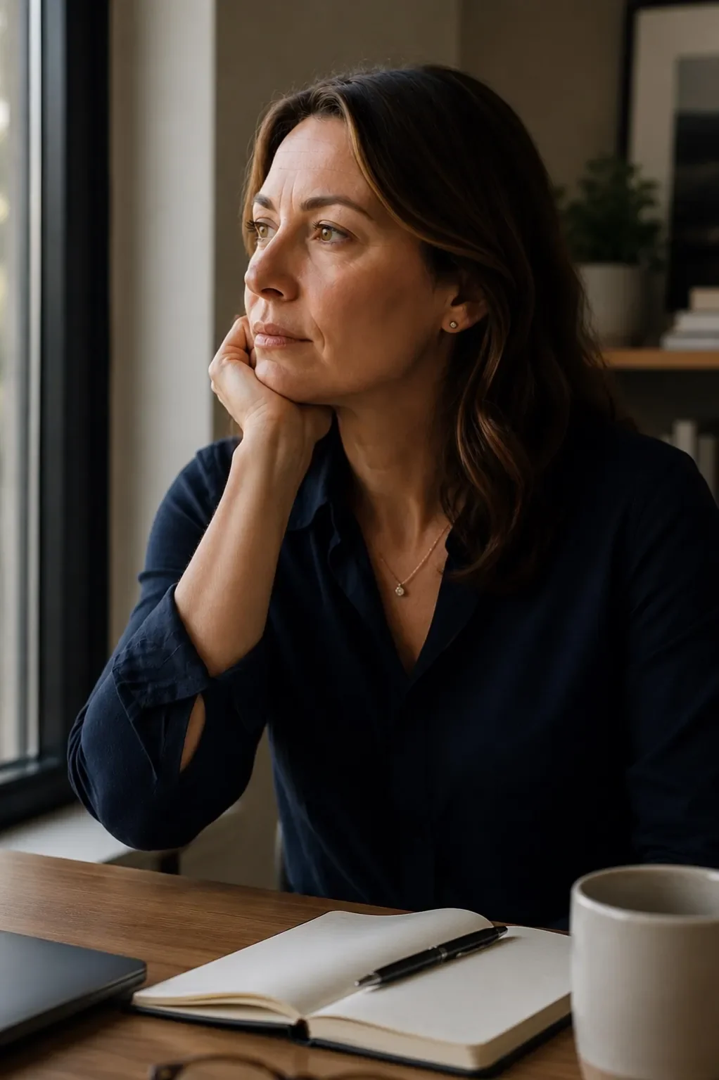 A woman with shoulder-length brown hair and a thoughtful expression, sitting at a desk with a notebook and pen, looking out the window.