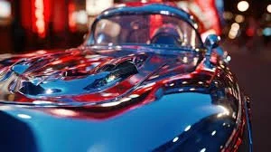 Close-up of a shiny blue classic car with a curved hood and windshield, with city lights in the background.