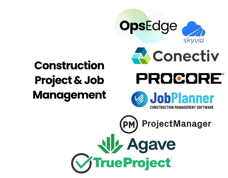 A collection of software logos surrounding a white circle with black text reading 'Construction Project & Job Management.' The logos include OpEdg, SkyCiv, Conectiv, Notion, JobPlanner, ProjectManager, Agave, and TrueProject.