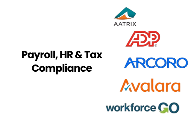 Graphic showing logos of companies ADP, ARCORP, Avalara, Paychex, and Insureon, related to payroll, HR, and tax compliance.