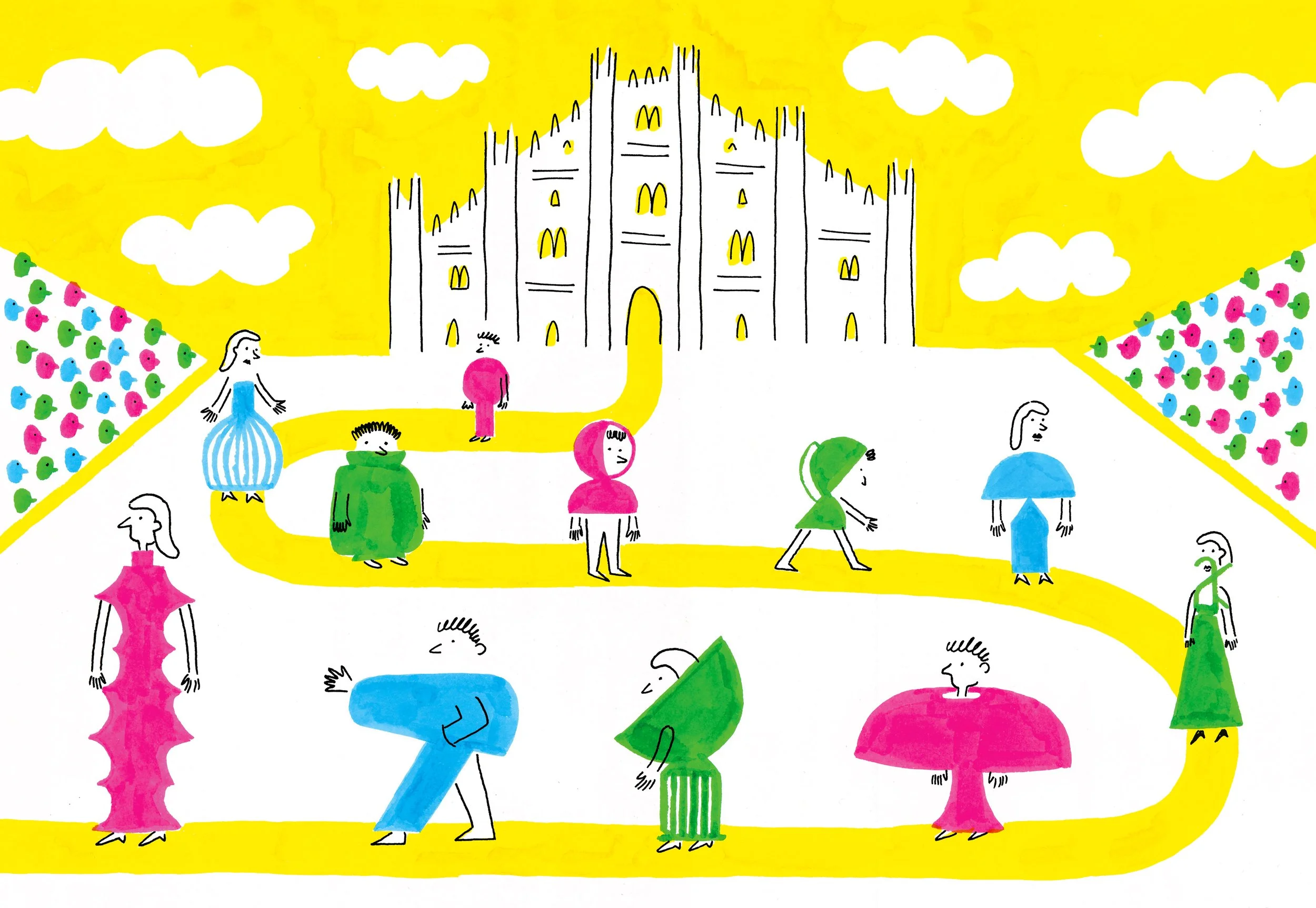 Illustrazione colorata del duomo di milano con persone vestite da lampade che fanno una sfilata lungo un percorso giallo, con un cielo giallo e nuvole bianche, e ai lati ci sono tribune con pubblico di colori vari. Salone del mobile 2025 Milano