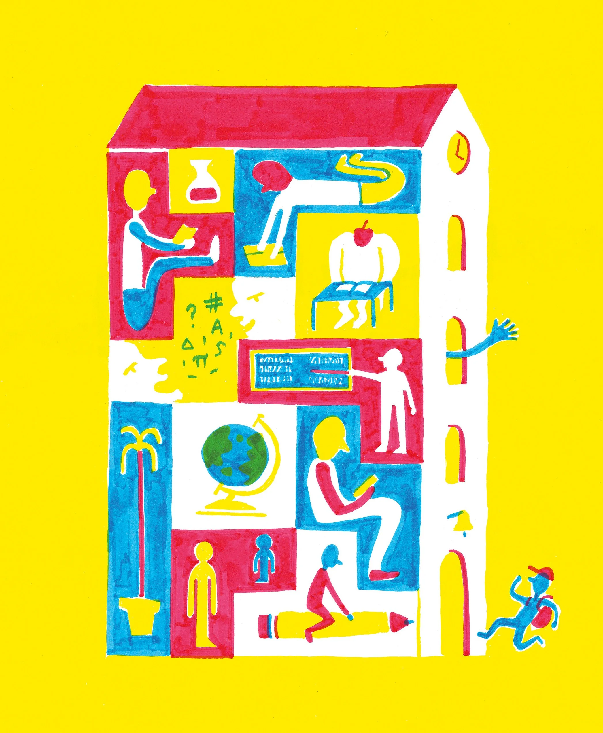 Illustrazione colorata di una scuola con varie attività e personaggi coinvolti in attività come leggere, scrivere, usare un computer, studiare e giocare, con sfondo giallo.