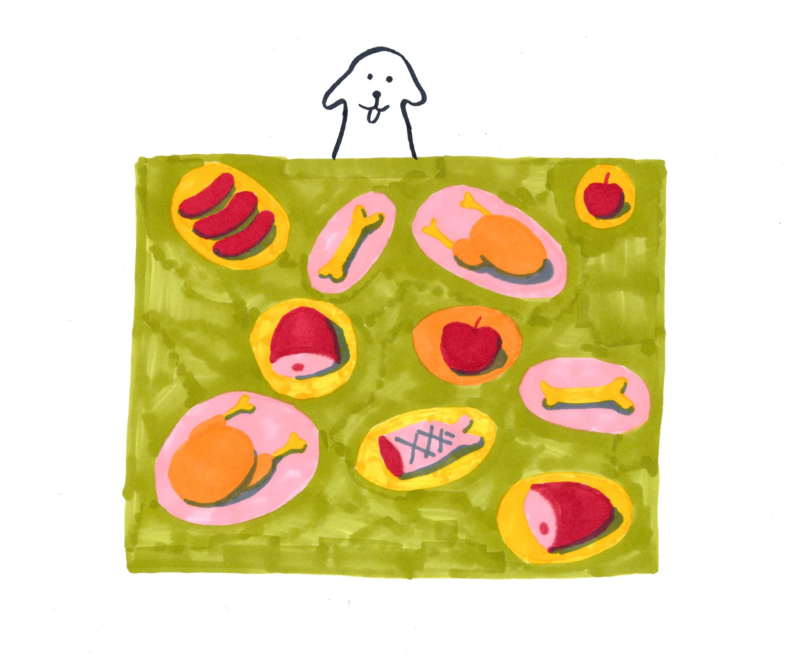 Disegno di un cane che guarda una tavola con vari piatti di carne e frutta.