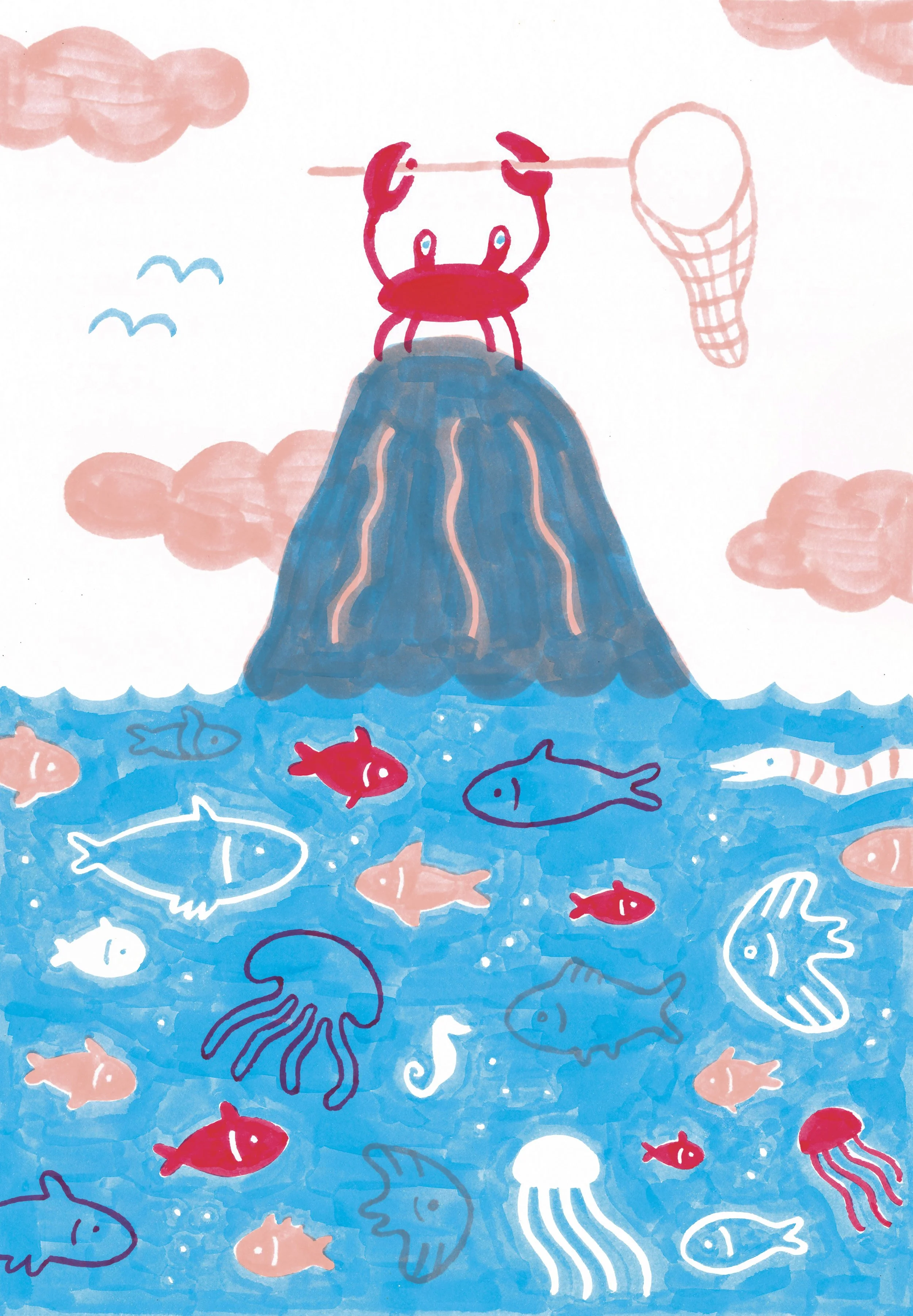 Illustrazione di un granchio rosso sopra uno scoglio con un retino che prova a pescare dei pesci, con nuvole rosa nel cielo e pesci colorati e una medusa in mare.