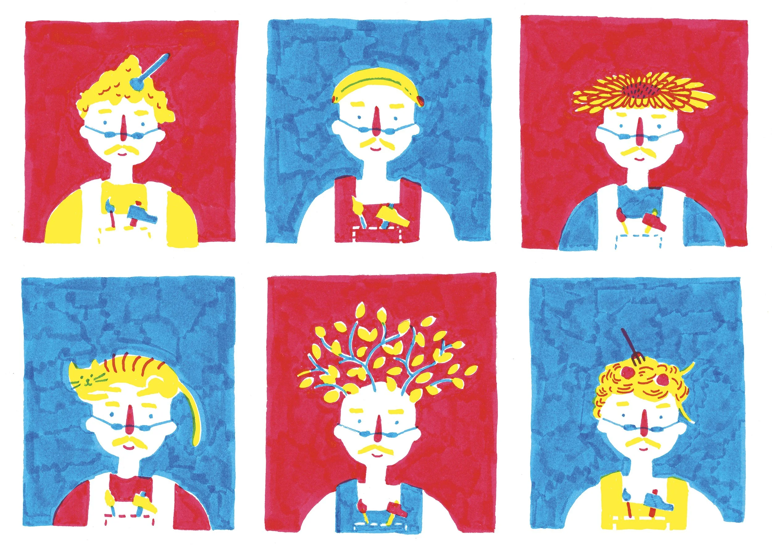 Illustrazione di una persona ripetuta sei volte, ciascuna con un elemento diverso sulla testa. Sfondo alternato di colore rosso e blu.