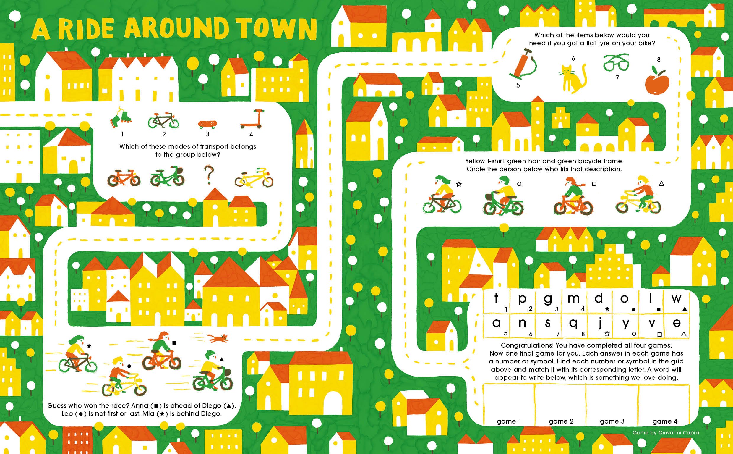 Un'illustrazione di un percorso cittadino con varie case e alberi gialli, con giochi e attività per bambini, tra cui un percorso di biciclette, un quiz sui mezzi di trasporto, e un esercizio di riconoscimento di personaggi in sella a biciclette con a