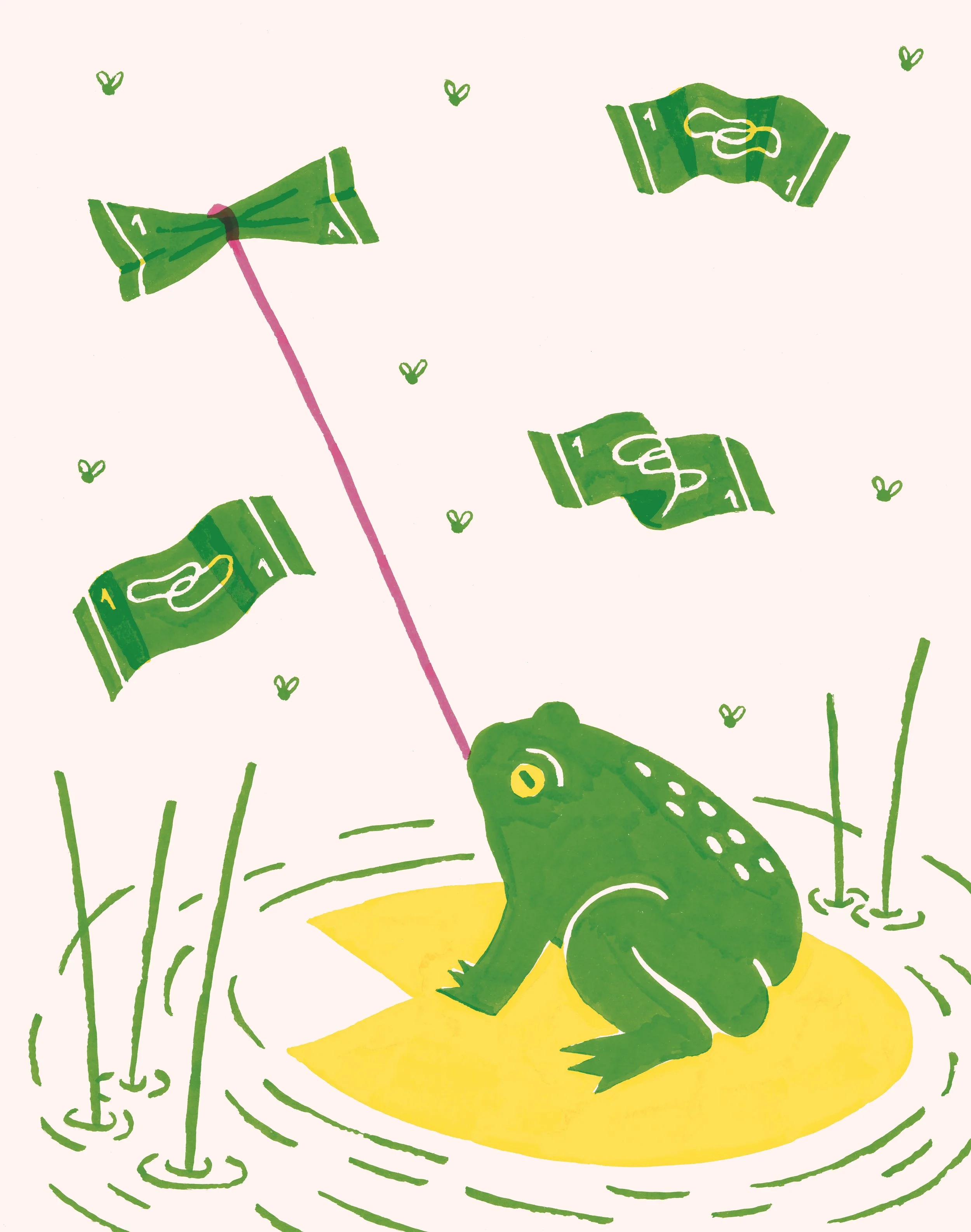 Un'illustrazione di una rana seduta su una foglia gialla in mezzo a uno stagno, circondata da alcune canne. Sopra di lei, ci sono soldi e delle mosche che volano intorno.