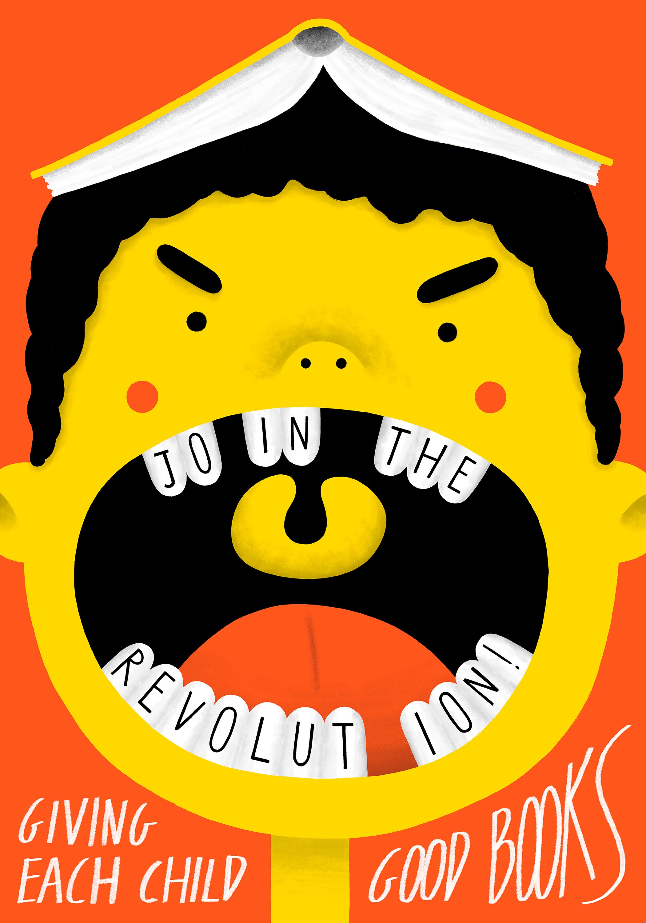 Immagine di un bambino con volto giallo, capelli neri e una bocca aperta con la scritta "JOIN THE REVOLUTION" dentro. In basso, le parole "GIVING EACH CHILD GOOD BOOKS". Illustrazione finalista di un concorso di IBBY Italia