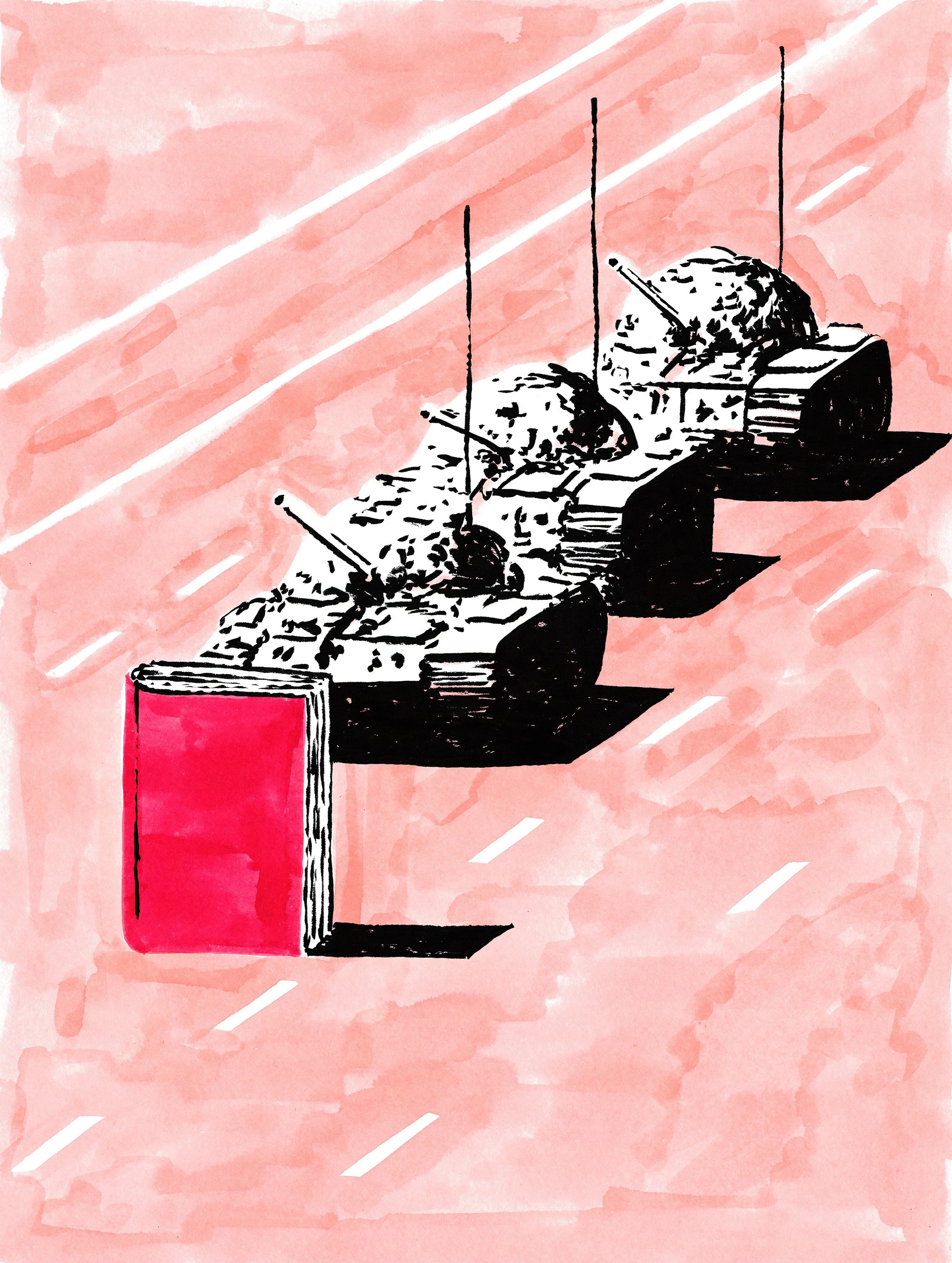 Disegno in stile pop art che raffigura un libro che blocca tre carri armati, con uno sfondo rosa, che richiama l'incidente di  Piazza Tienanmen