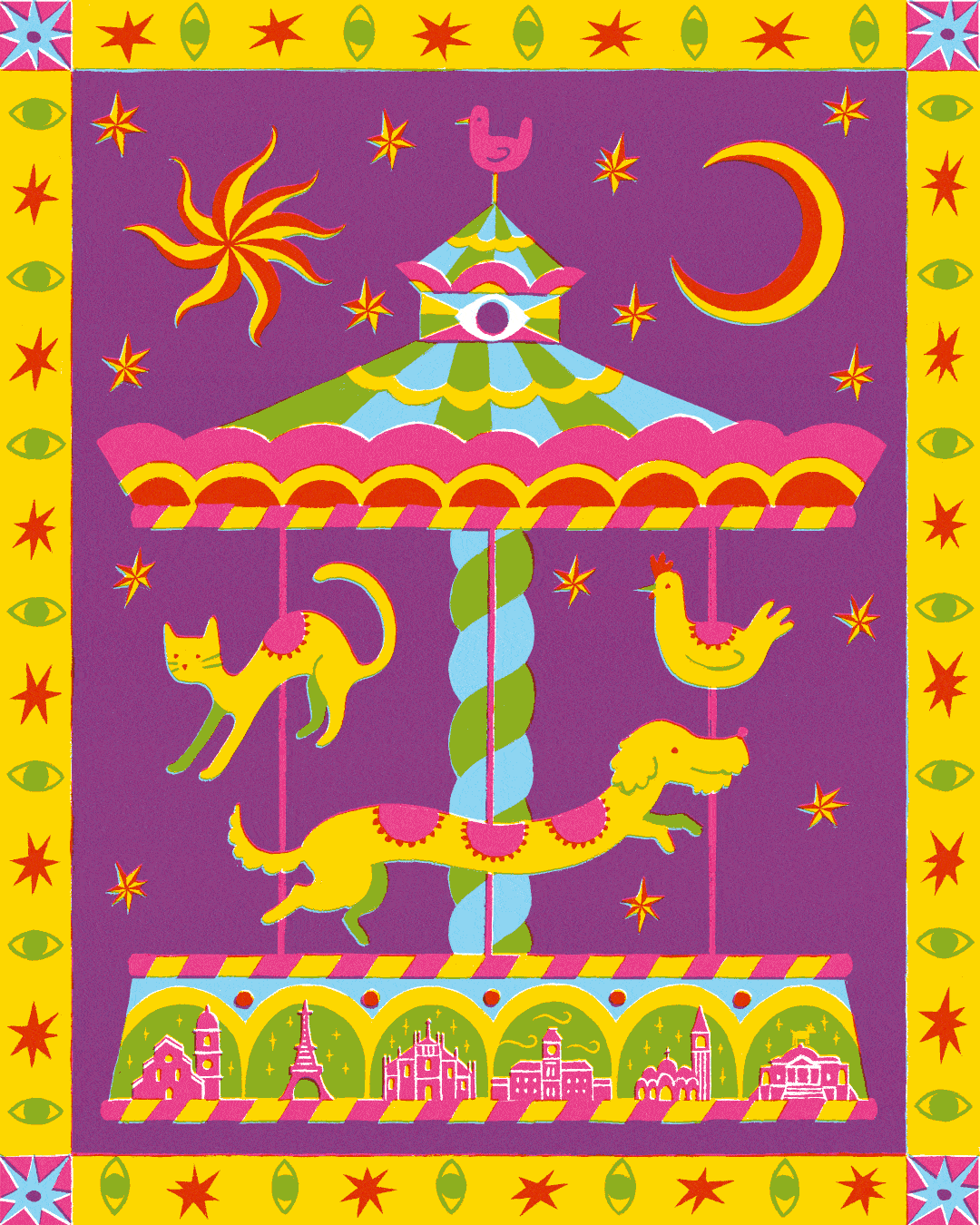 Illustrazione colorata di una giostra con cavalli, un gatto, un pollo e un cane, sullo sfondo di un cielo viola con stelle, luna e cometa, con una ruota centrale decorata.