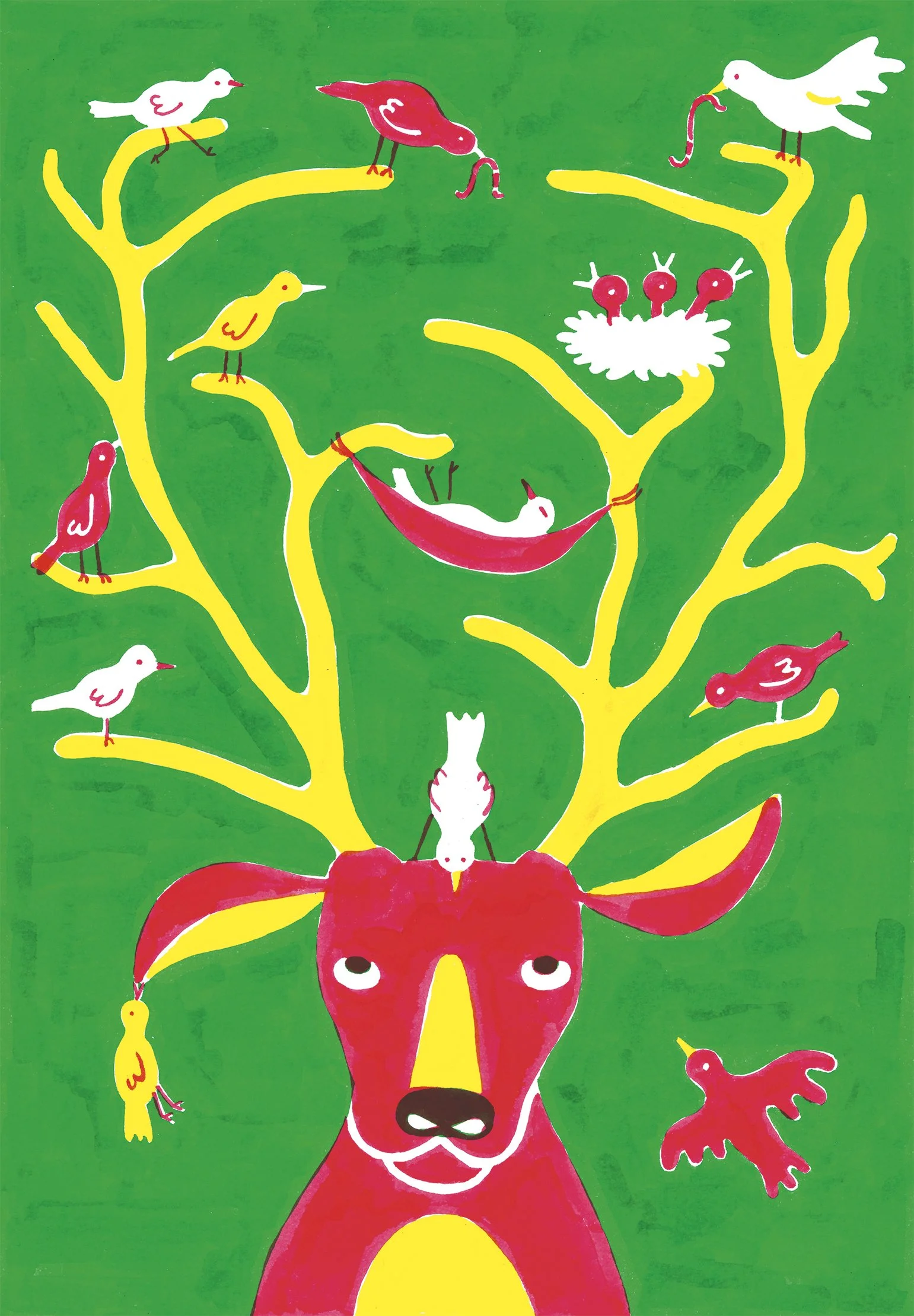 Illustrazione colorata della testa di un cervo con molti uccelli di vari colori. Uccelli posati sulle corna, uno in un'amaca, alcuni volano, uno ha un nido con tre pulcini.